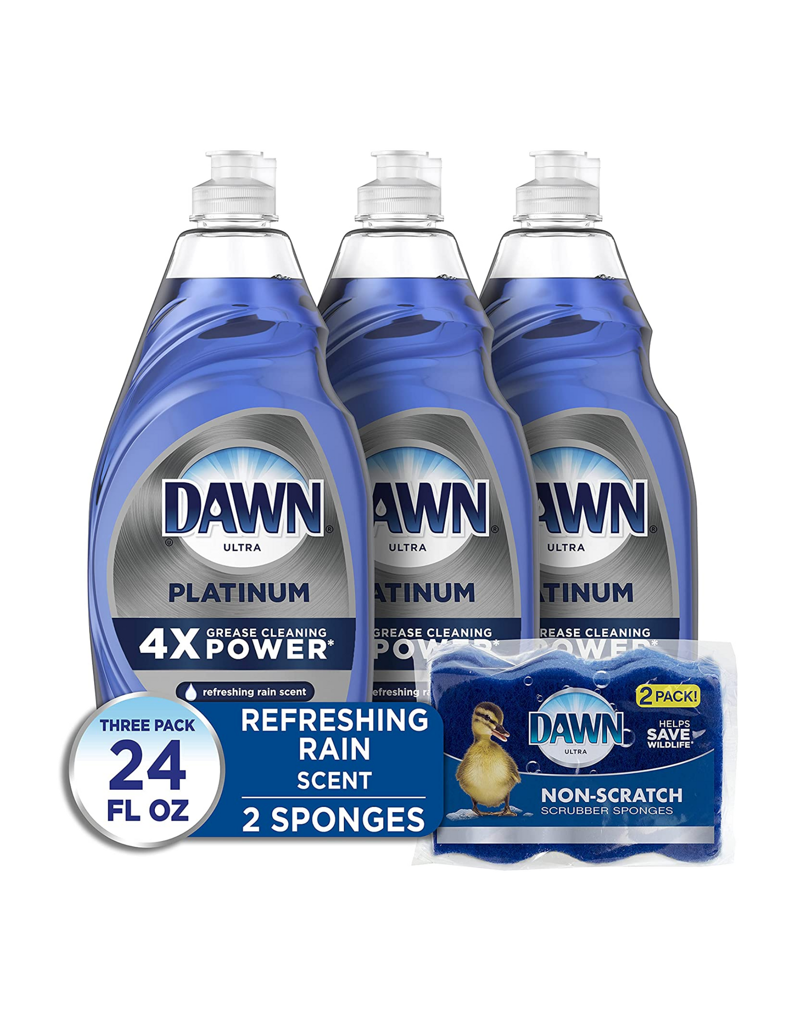 Dawn Dish Soap Platinum Dishwashing Liquid + Two Non-Scratch Scrubber Sponges, 24 fl oz each (Pack of 3) Packaging May Vary