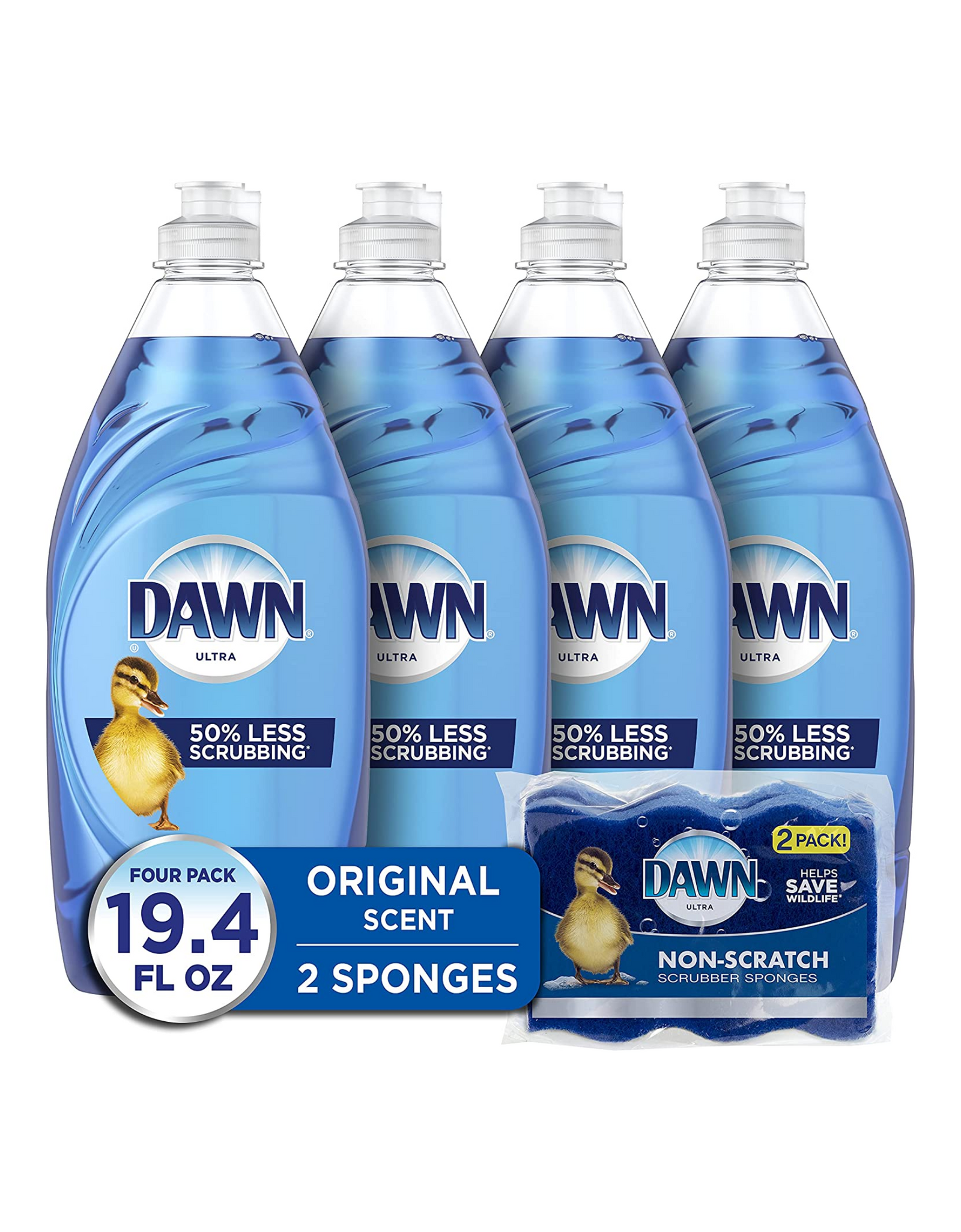 Dawn Ultra Dishwashing Liquid Dish Soap + Two Non-Scratch Sponge , Original Scent, 19.4 fl oz each (Pack of 3)