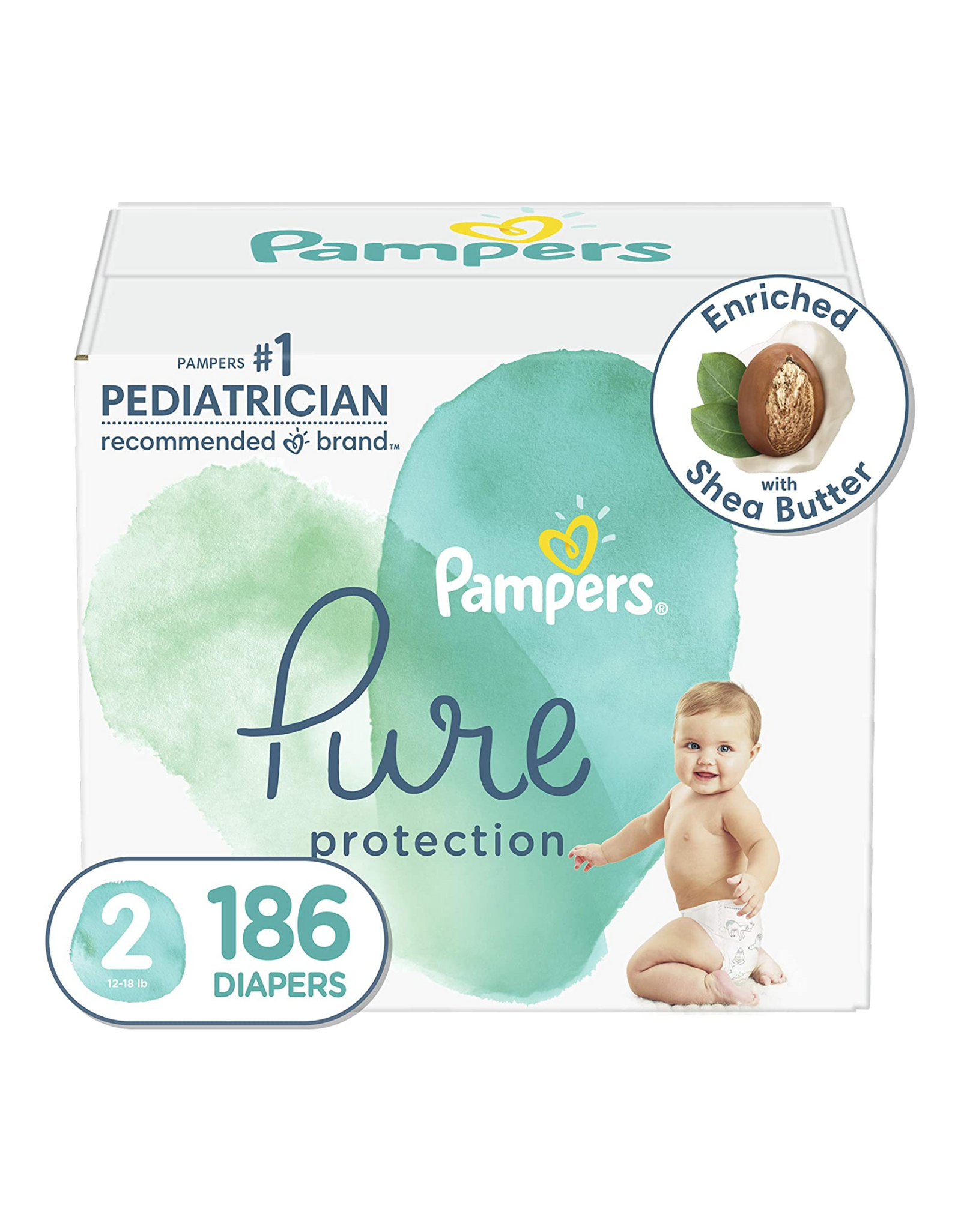 Diapers Size 2, 186 Count - Pampers Pure Protection Baby Diaper, Fragrance Free, (Packaging May Vary)