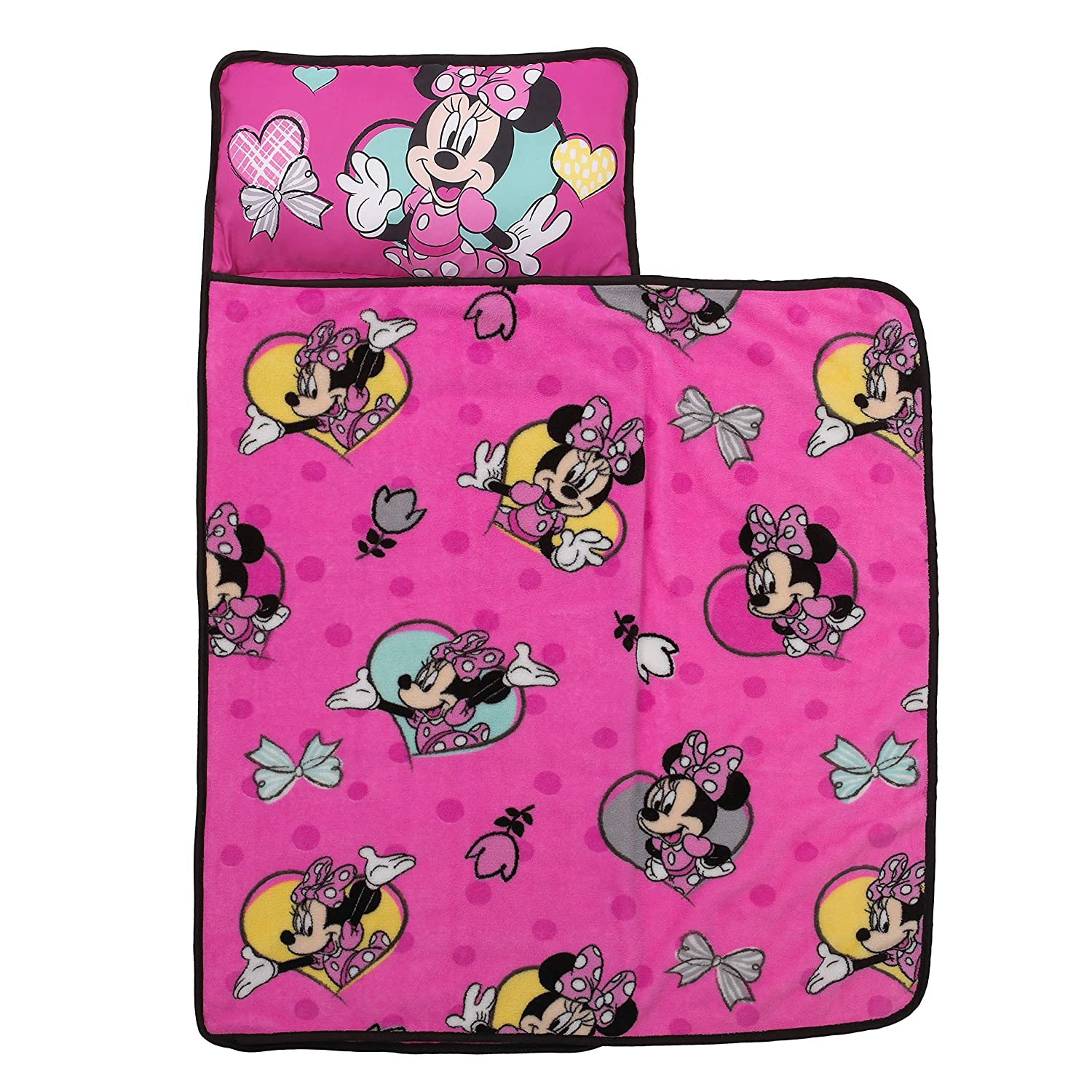 Disney Minnie Mouse Toddler Nap Mat, Pink, Aqua, Yellow - with Attached Pillow and Blanket