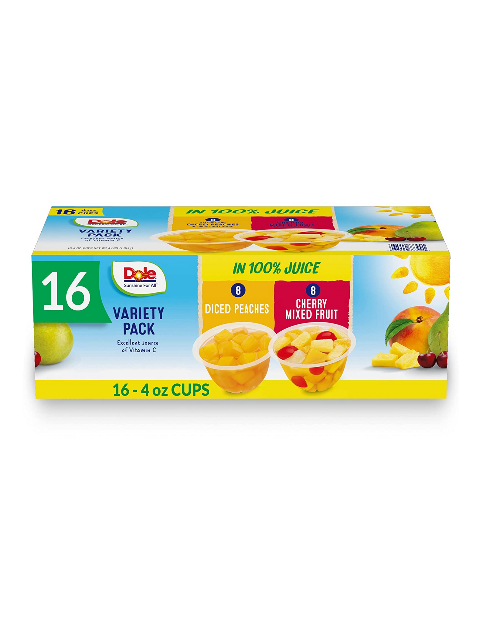 Dole Fruit Bowls, Diced Peaches and Cherry Mixed Fruit In 100% Juice Variety Pack, 4 oz (Pack of 16)