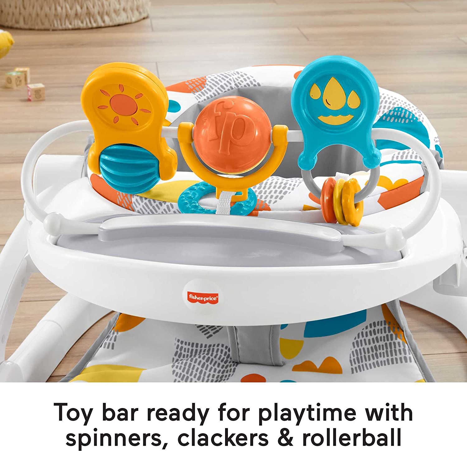 Fisher-Price Deluxe Sit-Me-Up Floor Seat, Primary Hills - Portable Infant Chair with Tray and Toy Bar
