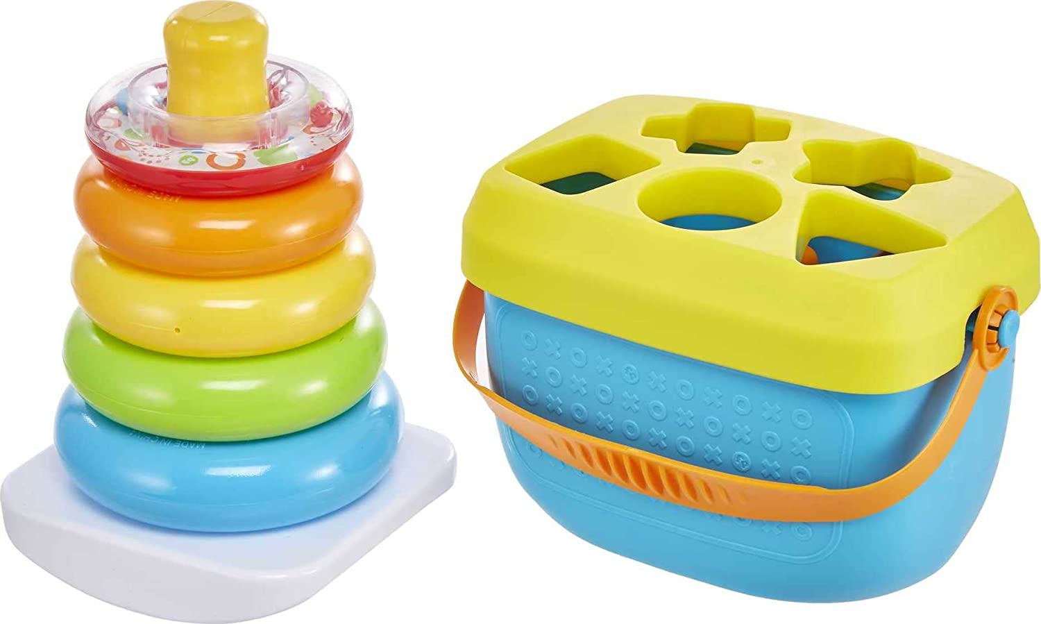 Fisher-Price Rock-a-Stack and Baby's First Blocks Bundle - with 10 Colorful Blocks & A Take-Along Storage Bucket