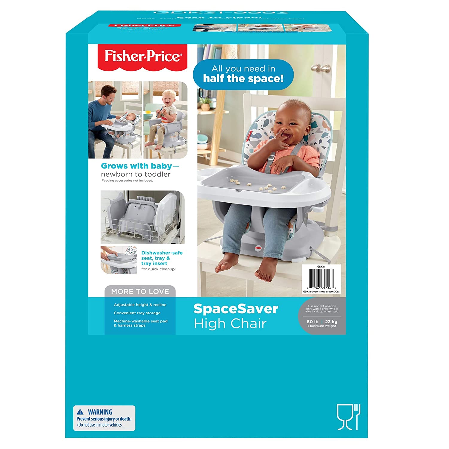Fisher-Price SpaceSaver High Chair, Pacific Pebble - with 3 Recline Positions, 2 Height Positions, and 4 Tummy Adjustments
