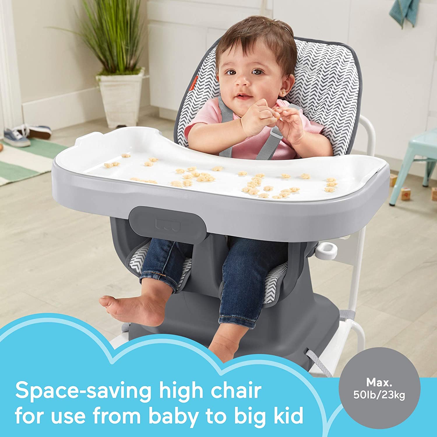 Fisher-Price SpaceSaver Simple Clean High Chair, Pencil Strokes Arrows Tire Tracks -  Portable for Baby-to-Toddler Dining Chair