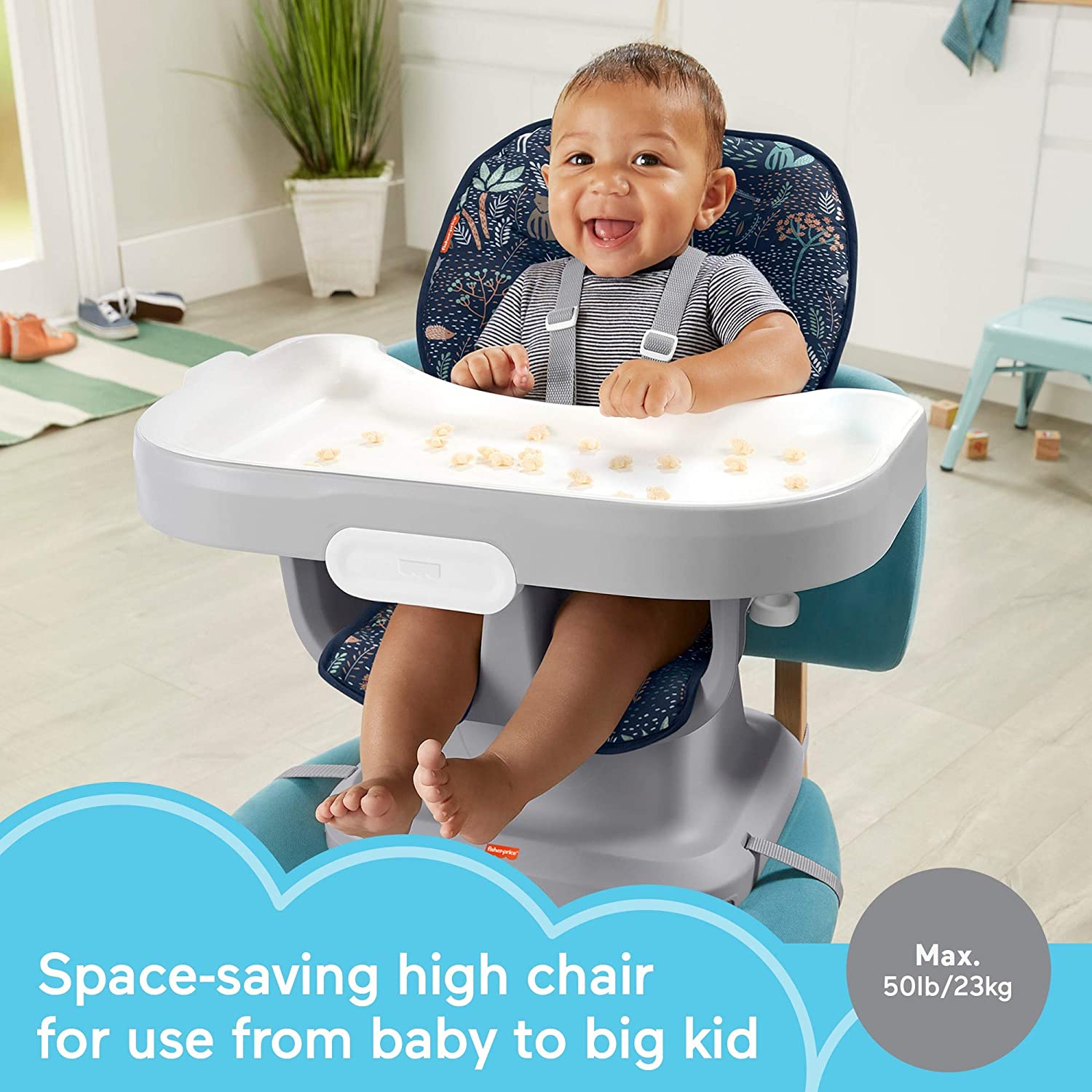 Fisher-Price SpaceSaver Simple Clean High Chair, Moonlight Forest -  Portable for Baby-to-Toddler Dining Chair