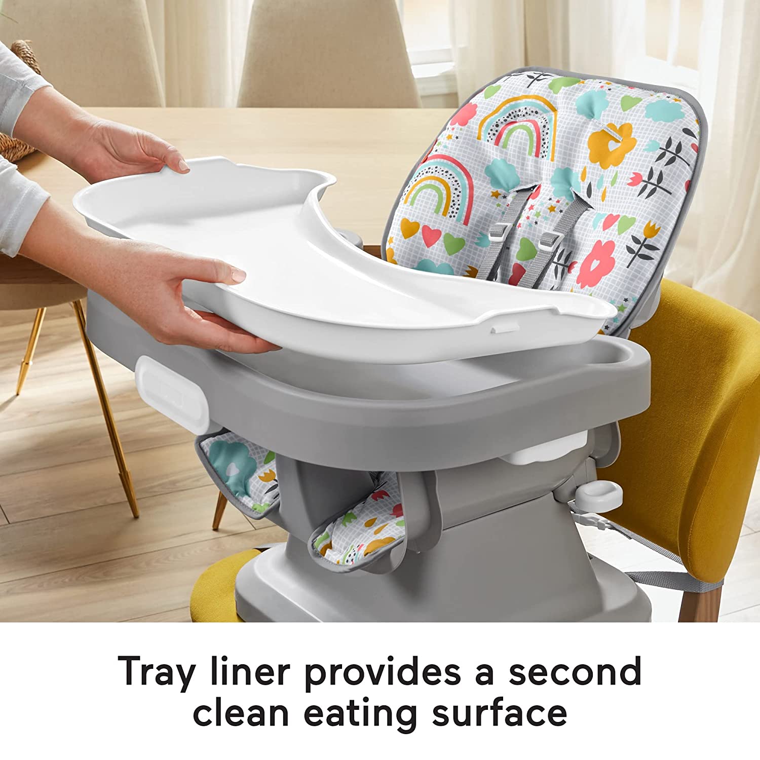 Fisher-Price SpaceSaver Simple Clean High Chair, Sun Showers - Portable for Baby-to-Toddler Dining Chair