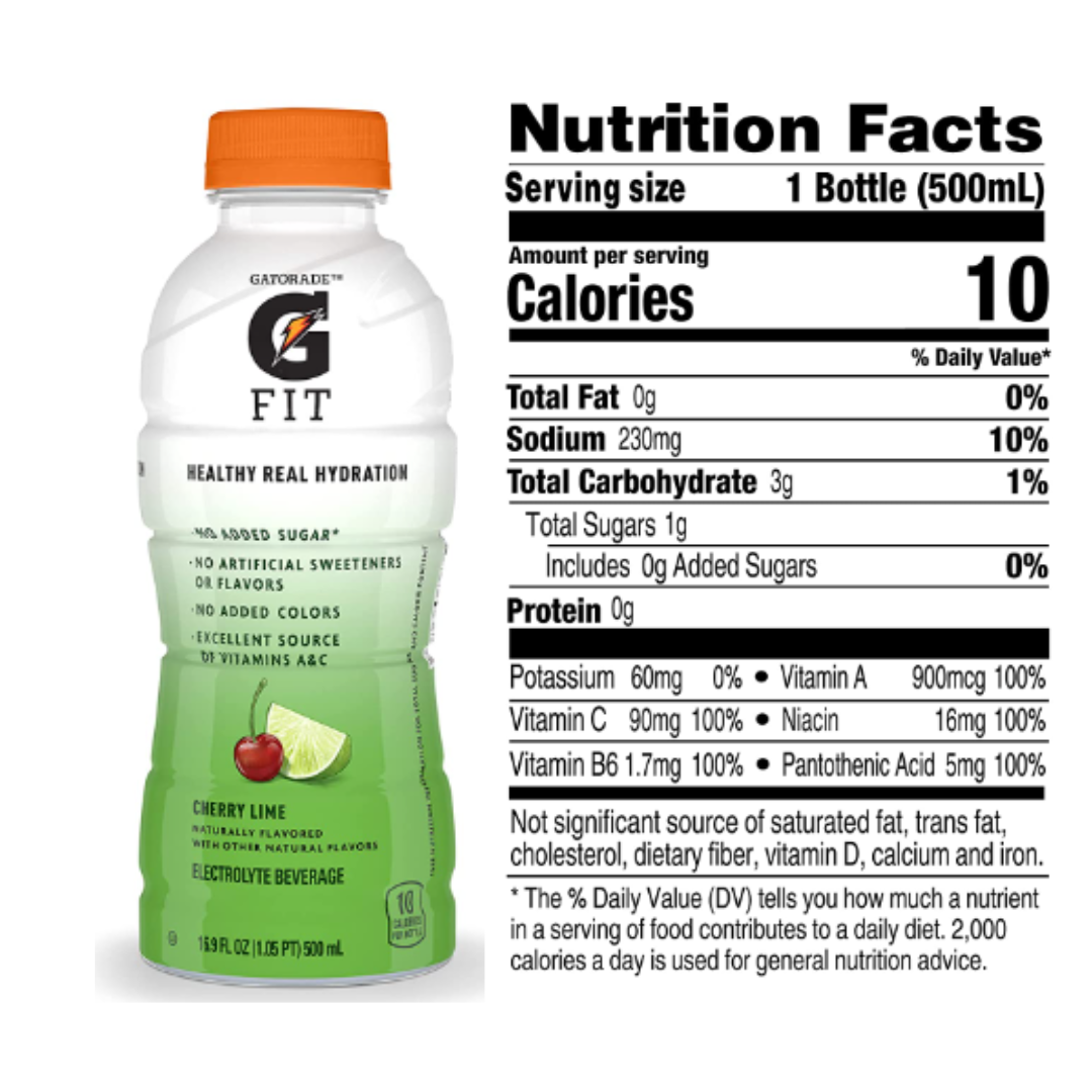Gatorade Fit Electrolyte Beverage, Healthy Real Hydration, Cherry Lime, 16.9 Ounce - 12 Pack