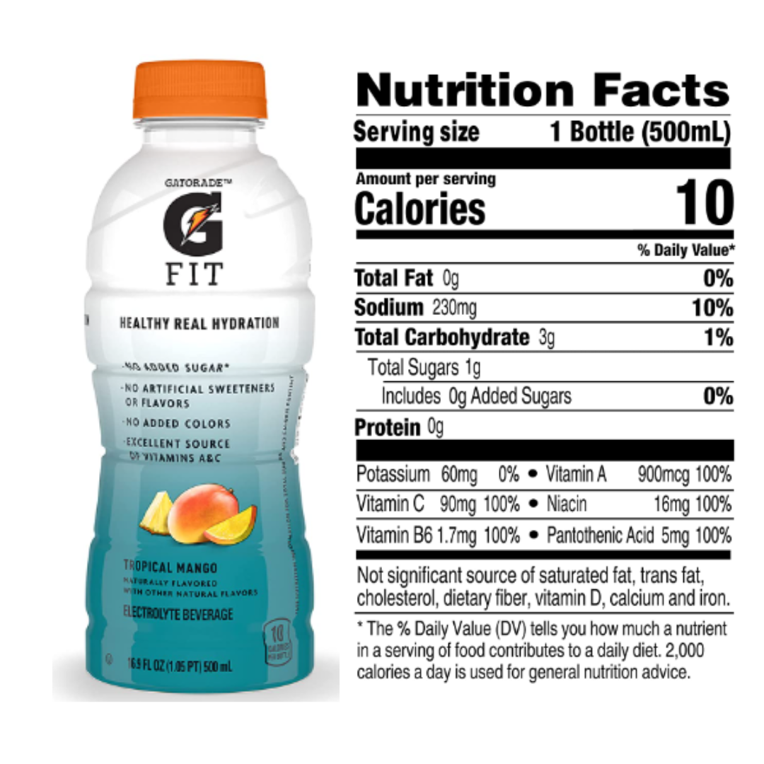 Gatorade Fit Electrolyte Beverage, Healthy Real Hydration, Tropical Mango, 16.9 Ounce - 12 Pack