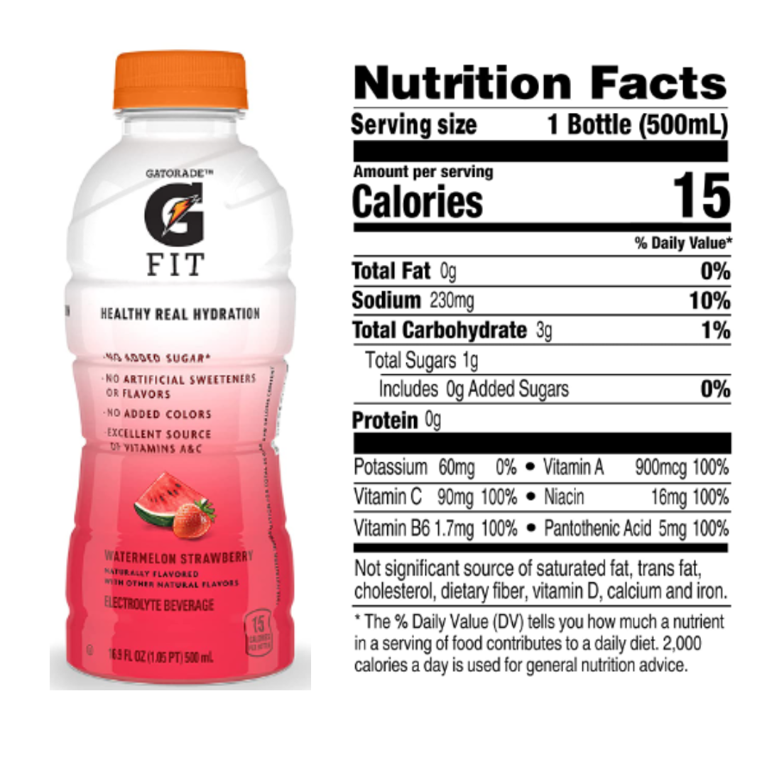 Gatorade Fit Electrolyte Beverage, Healthy Real Hydration, Watermelon Strawberry, 16.9 Ounce - 12 Pack