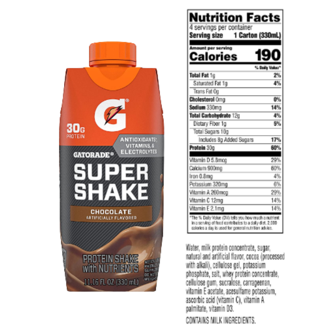 Gatorade Super Shake, Chocolate, 30g Protein, 11.16 Ounce, Carton - Pack of 12