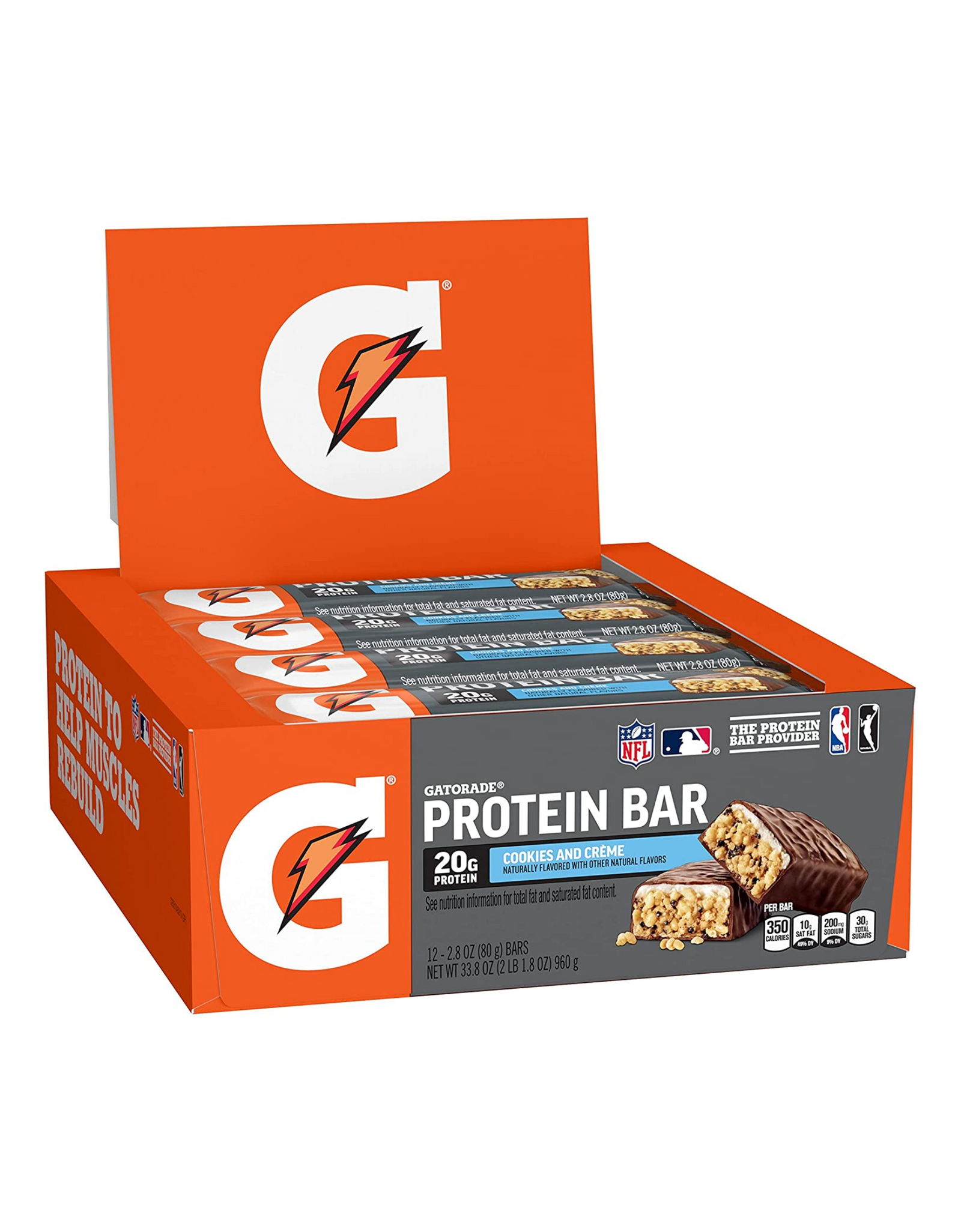 Gatorade Whey Protein Bars with 20g Protein, Cookies & Cream, 2.8 oz, 12 Count (Pack of 1)