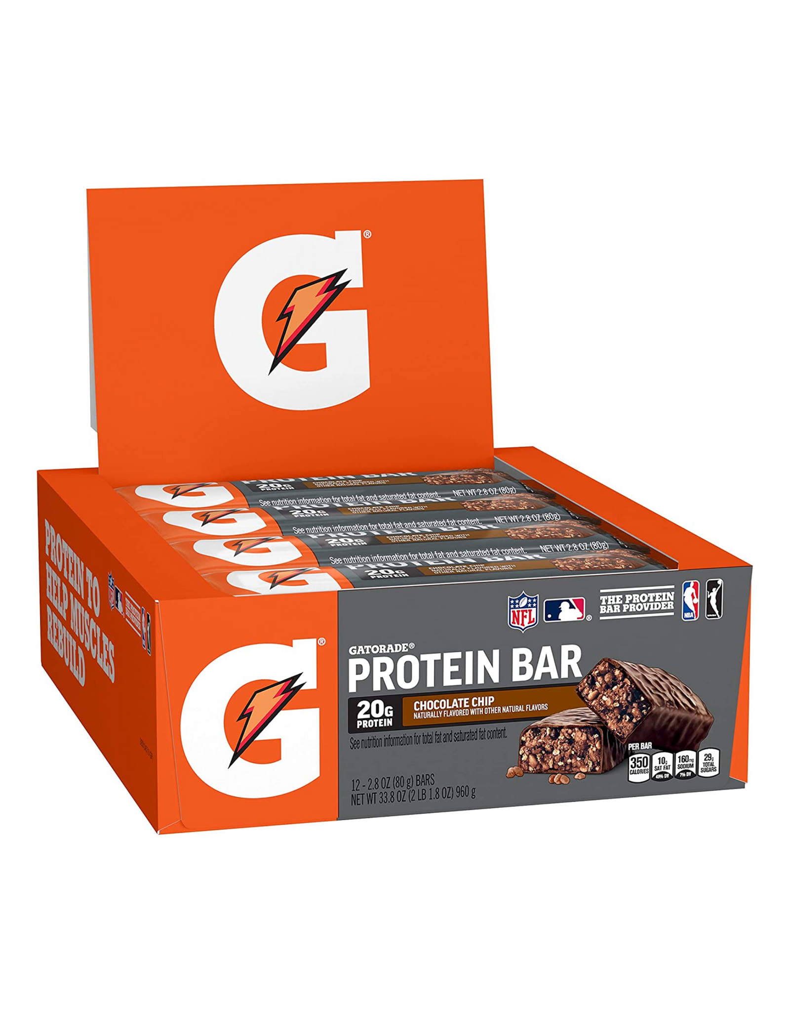 Gatorade Whey Protein Recover Bars with 20g Protein, Chocolate Chip, 2.8 oz, 12 Ct