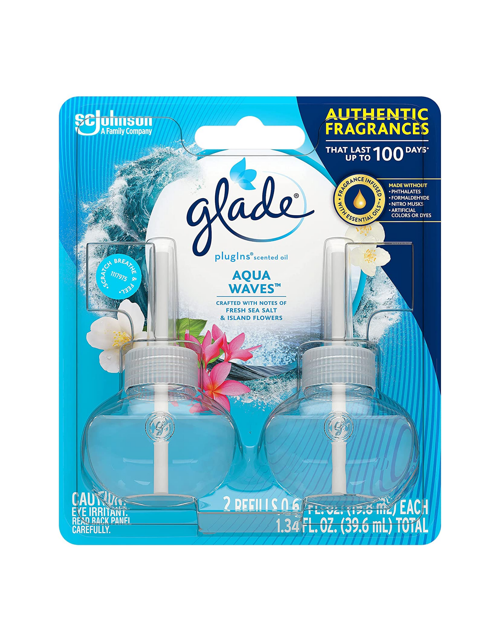 Glade PlugIns Refills Air Freshener, Scented Oil, Aqua Waves, 1.34 fl oz total, 2 Ct