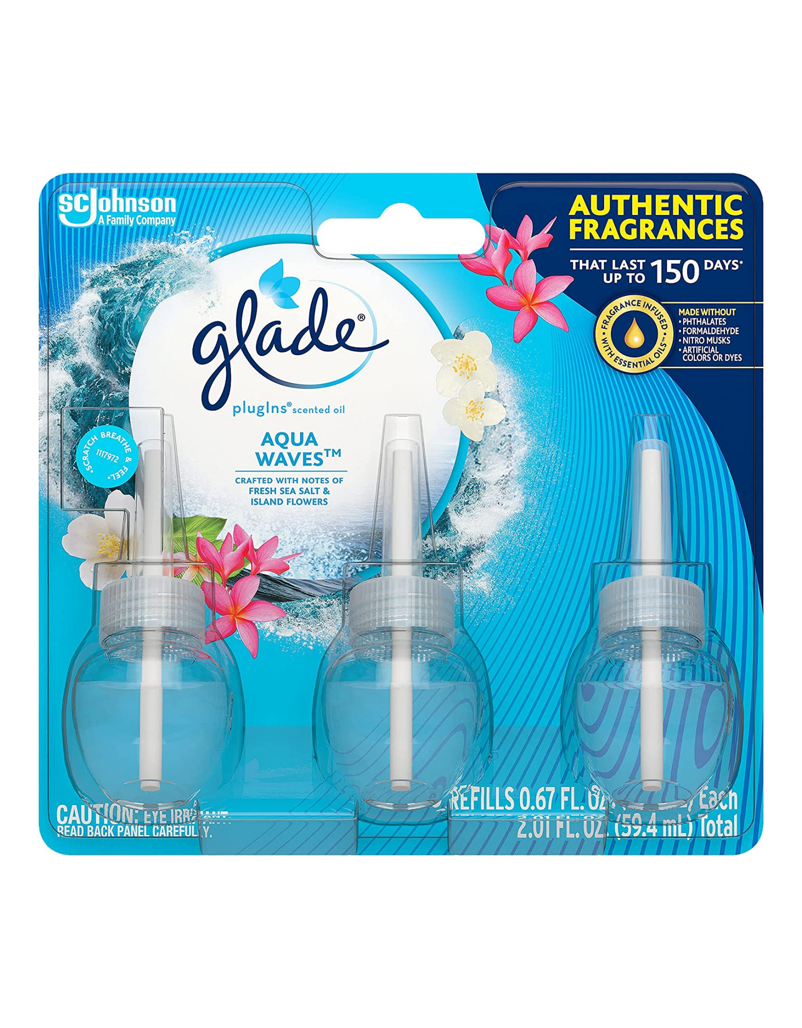 Glade PlugIns Refills Air Freshener, Scented Oil, Aqua Waves, 2.01 fl oz, 3 Ct