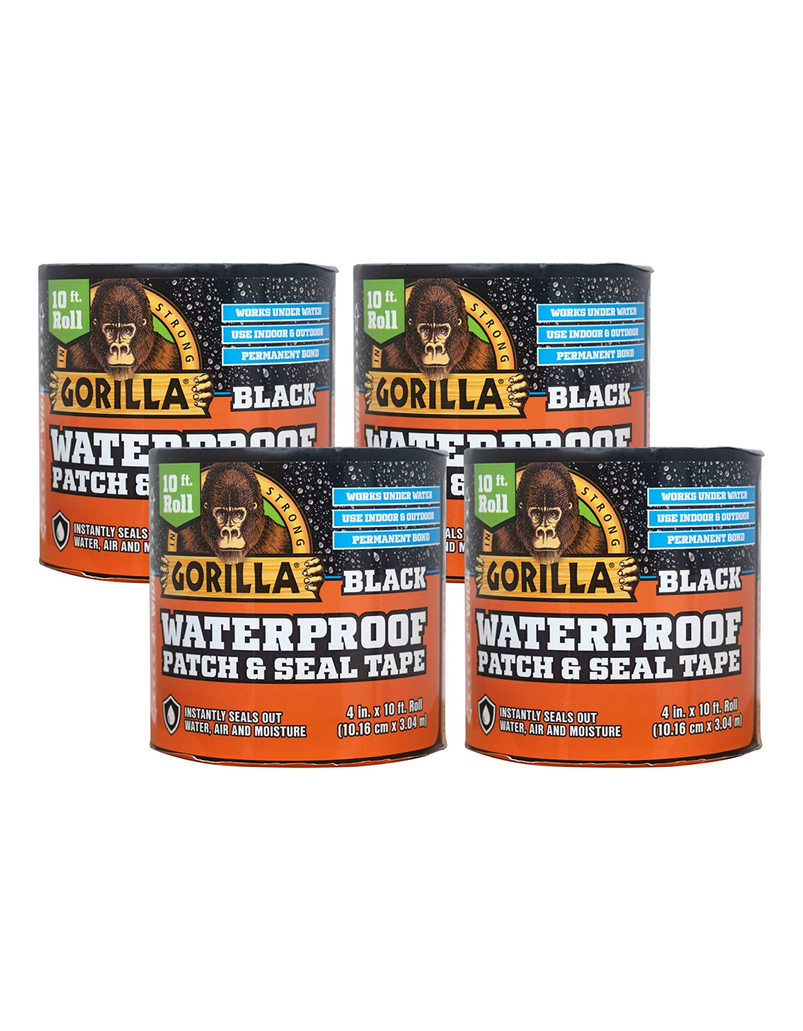 Gorilla Waterproof Patch & Seal Tape 4 Inch x 10 ft., Black, (Pack of 4)