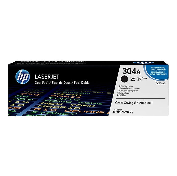 HP 304A CC530AD Black Standard Yield Toner Cartridge, 2-Pack