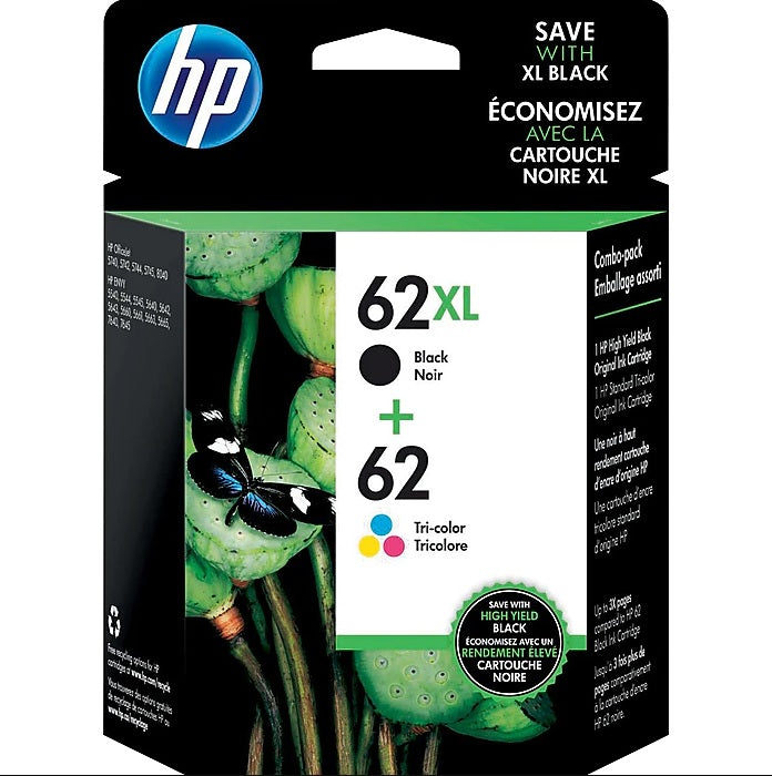 HP 62XL/62 N9H67FN#140 Black High Yield and Tri-Color Standard Yield Ink Cartridge, 2-Pack