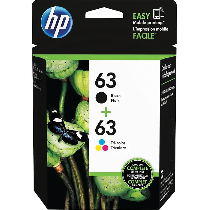 HP 63 L0R46AN#140 Black/Tri-Color Standard Yield Ink Cartridge, 2-Pack
