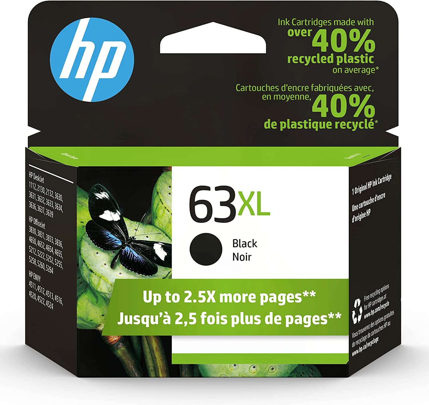 HP 63XL F6U64AN#140 Black High Yield Ink Cartridge - 2 Each