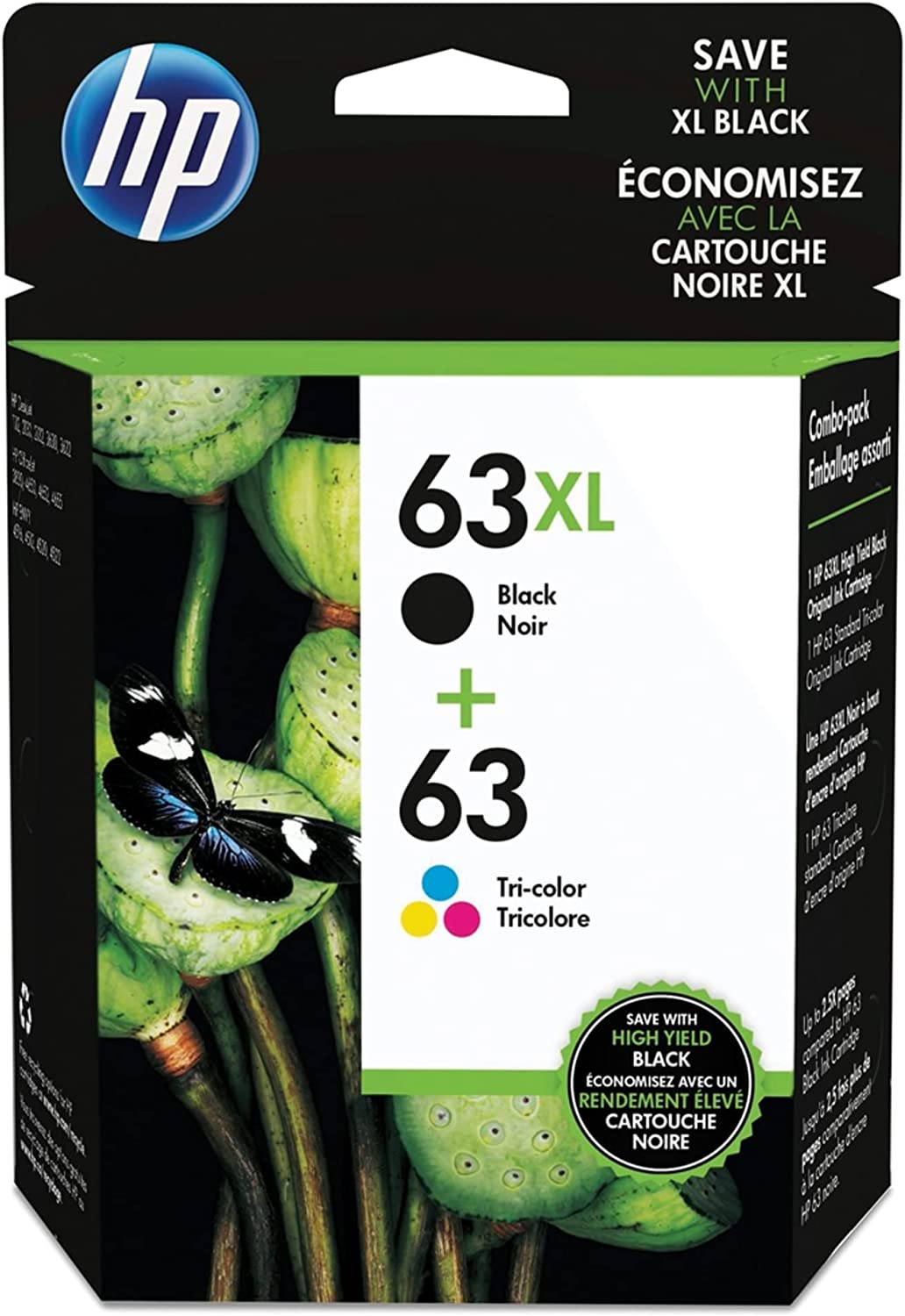 HP 63XL/63 L0R48AN#140 Black High Yield and Tri-Color Standard Yield Ink Cartridge, 2-Pack