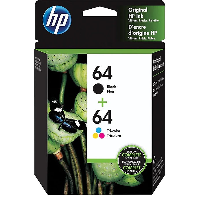 HP 64 X4D92AN#140 Black, Tri-Color Standard Yield Ink Cartridge, 2-Pack