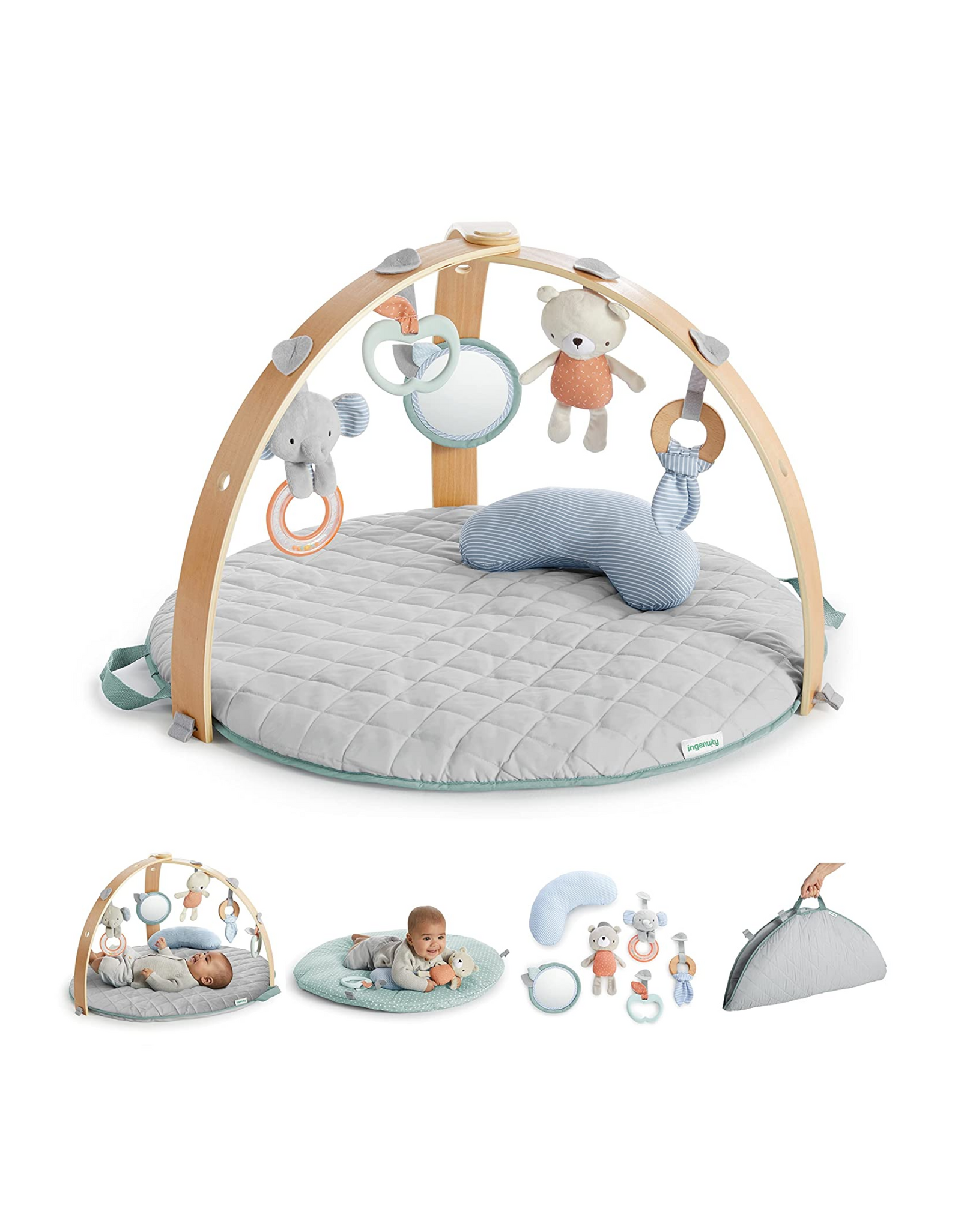 Ingenuity Cozy Spot Reversible Duvet Activity Gym & Play Mat with Wooden Toy bar, Loamy