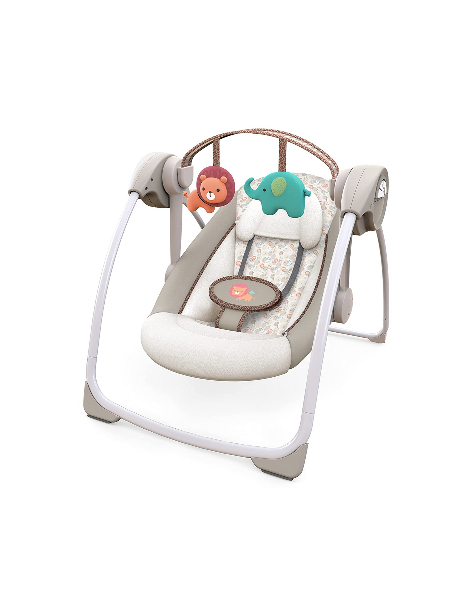Ingenuity Soothe 'n Delight 6-Speed Compact Portable Baby Swing with Music, Cozy Kingdom, Brown