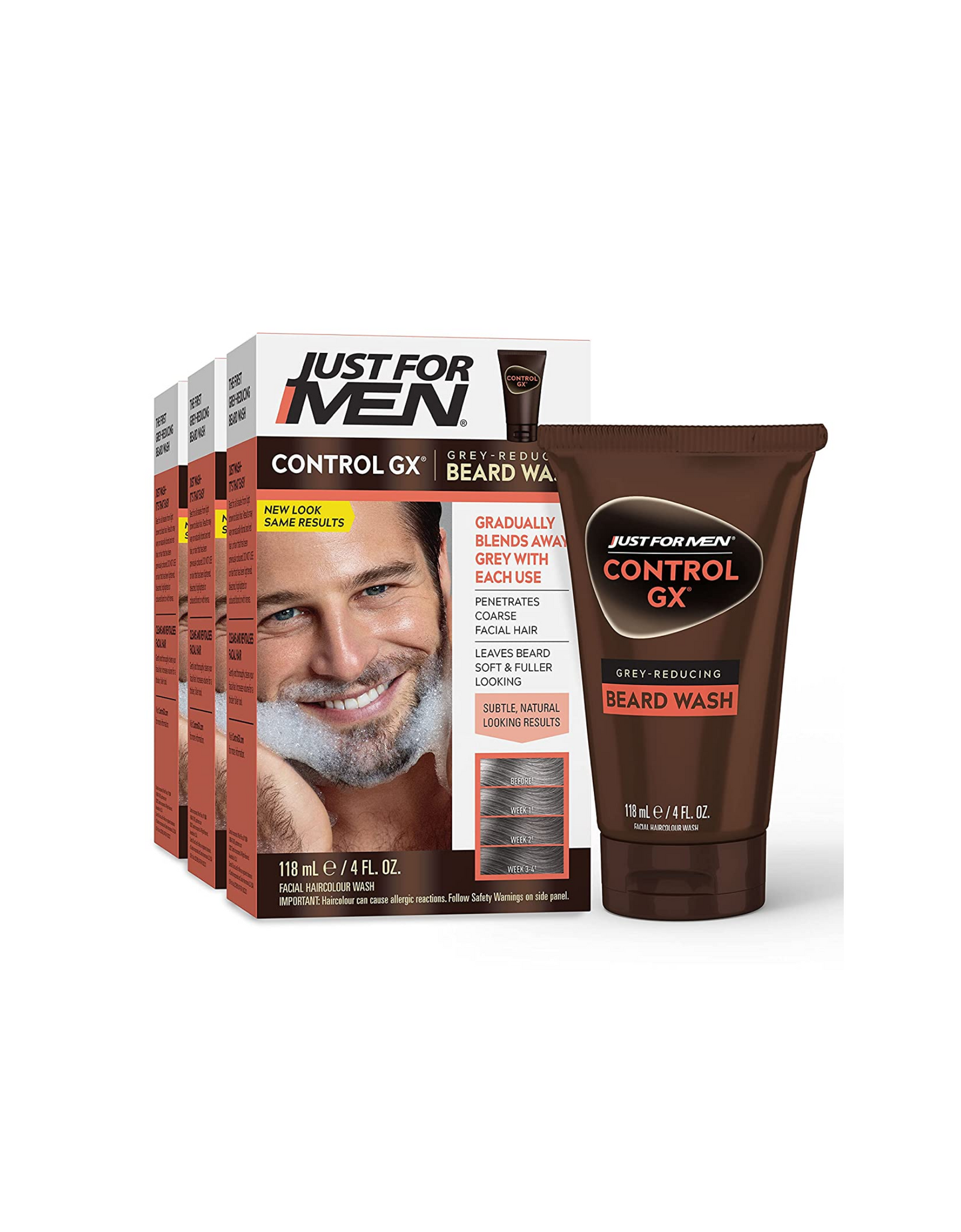 Just For Men Control GX Grey Reducing Beard Wash Shampoo, 4 Fl Oz - Pack of 3 (Packaging May Vary)