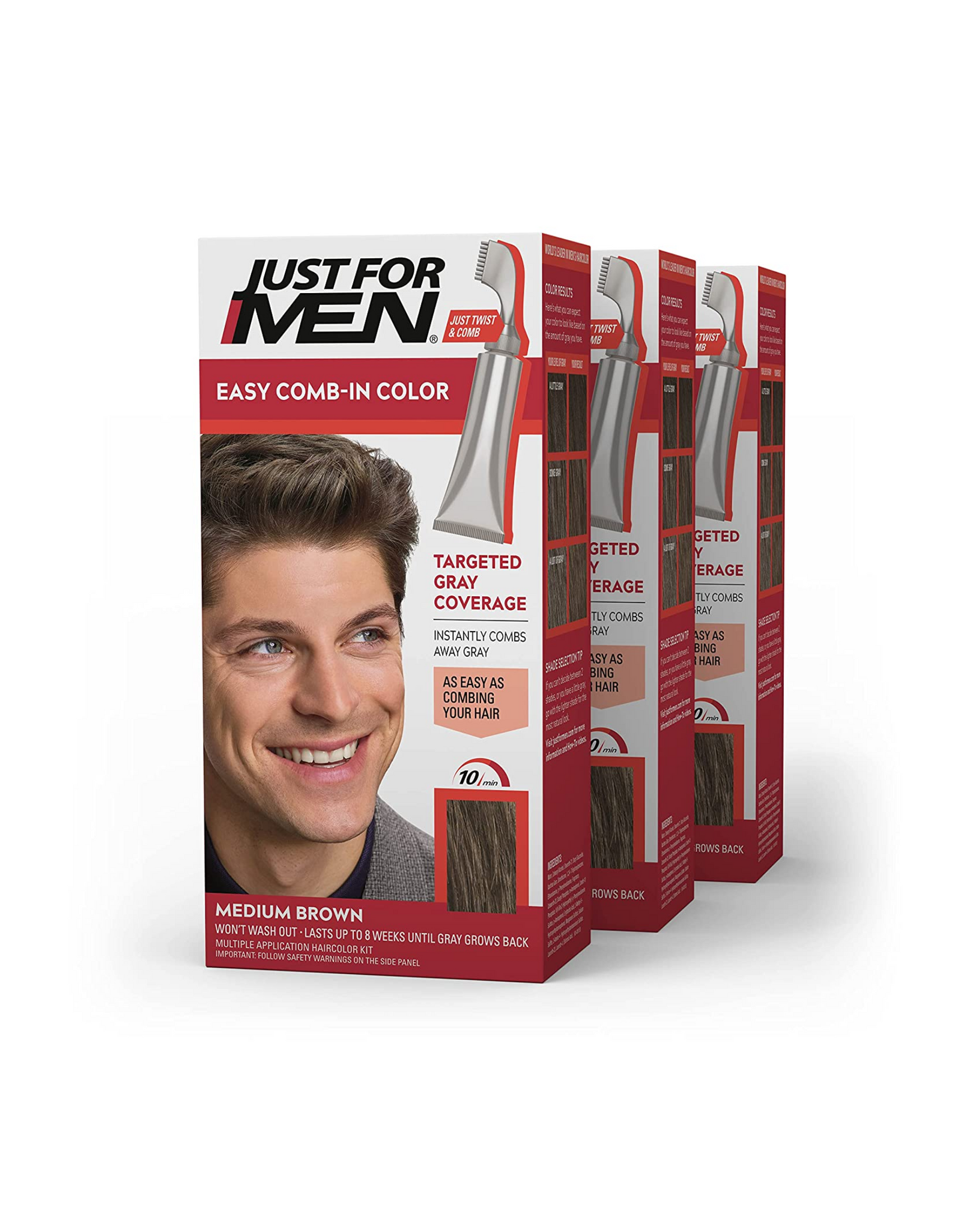 Just For Men Easy Comb-In Color Mens Hair Dye, Medium Brown (Pack of 3)