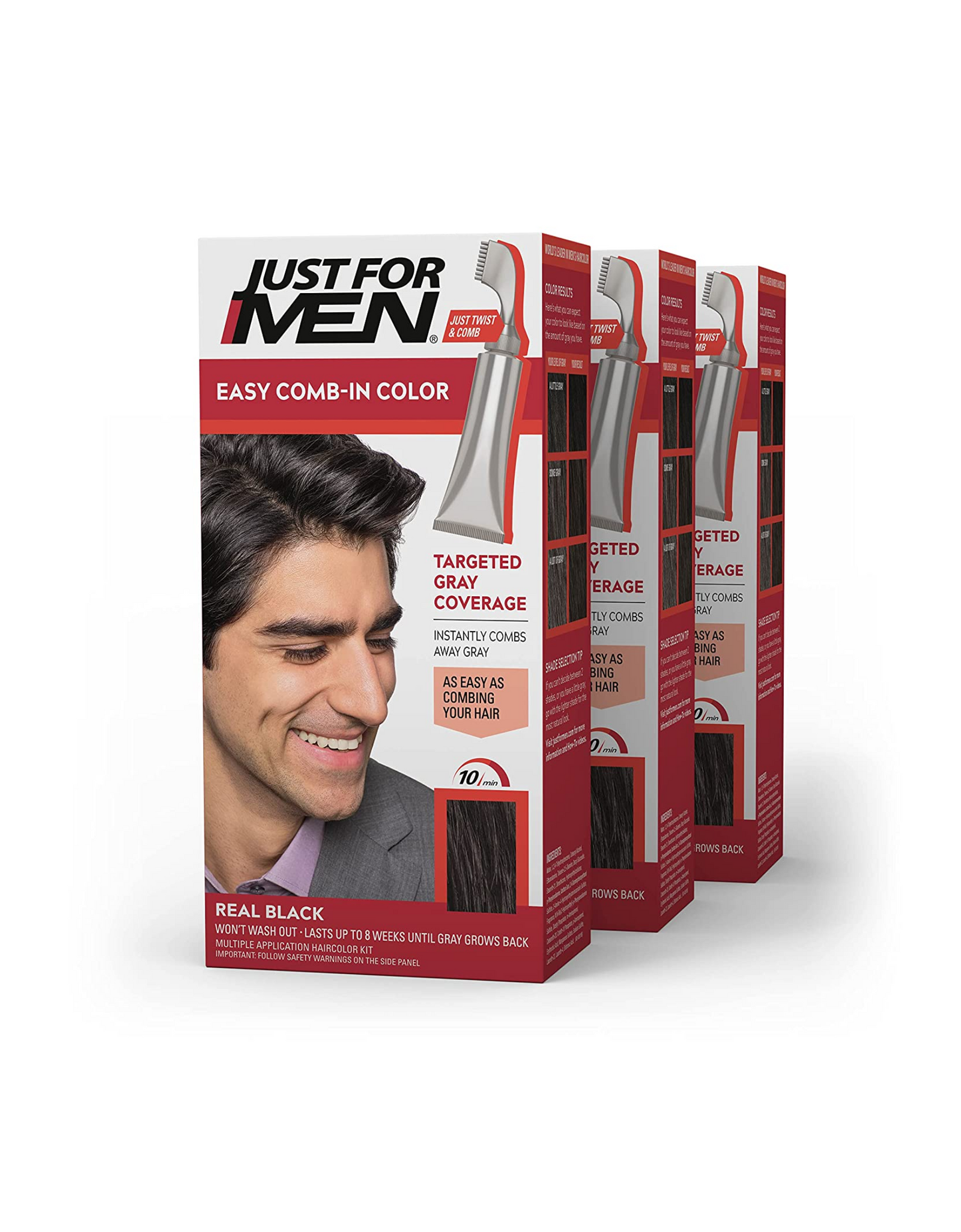 Just For Men Easy Comb-In Color Mens Hair Dye, Real Black, 3 Pack