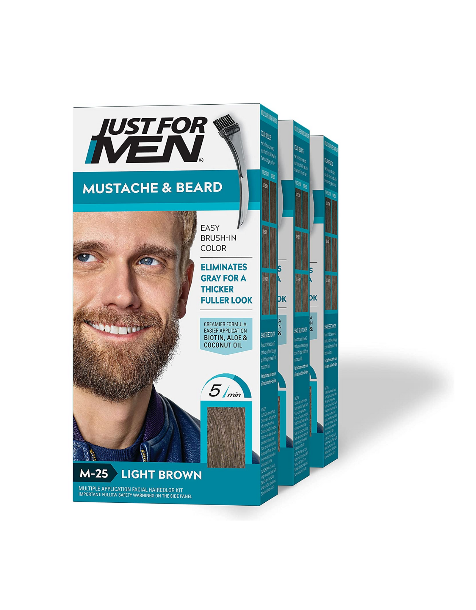 Just For Men Mustache & Beard with Brush, Light Brown, 1 Ct (Pack of 3)