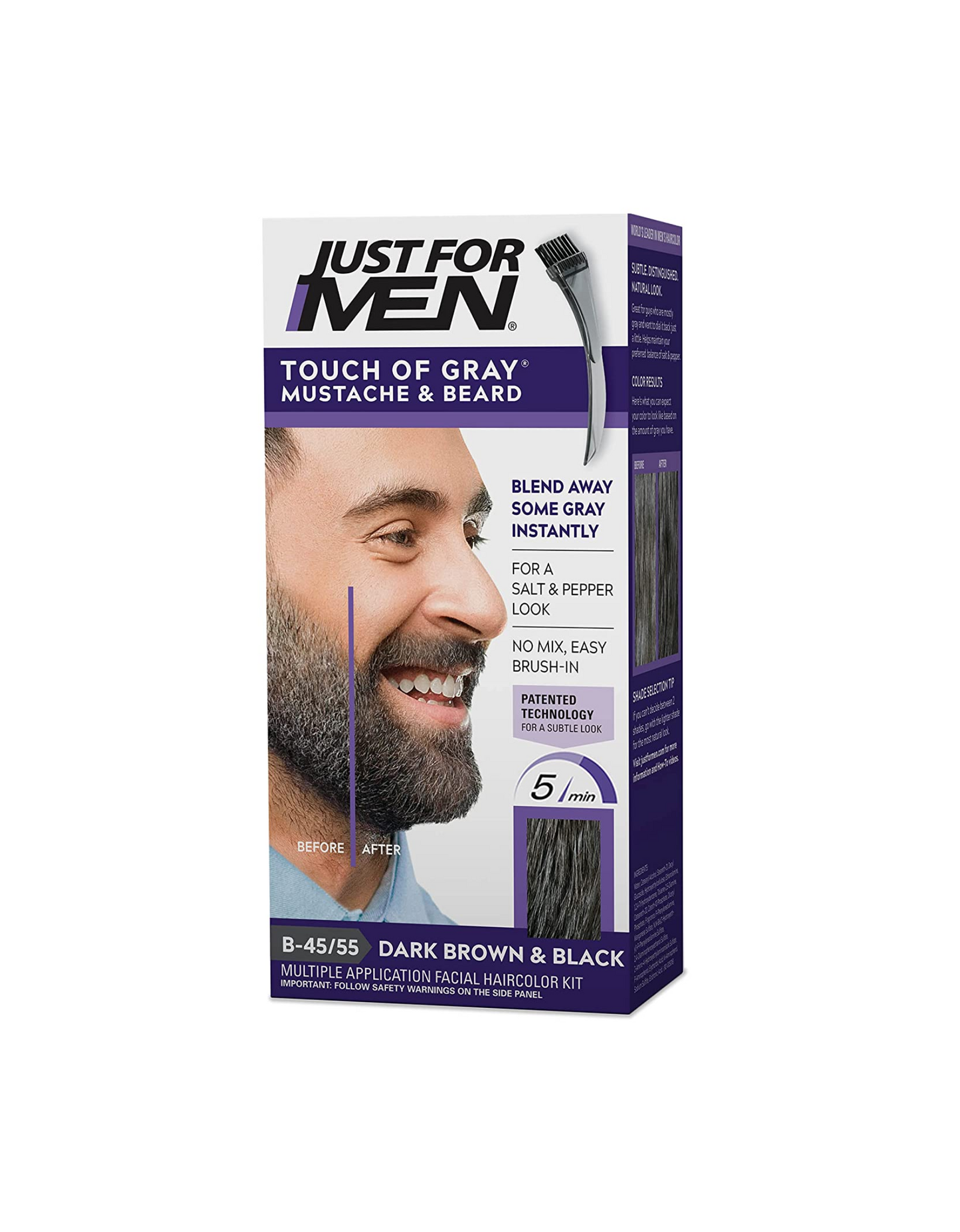 Just For Men Touch of Gray Mustache & Beard, Beard Coloring for Gray Hair with Brush Included for Easy Application, Dark Brown & Black, B-45/55