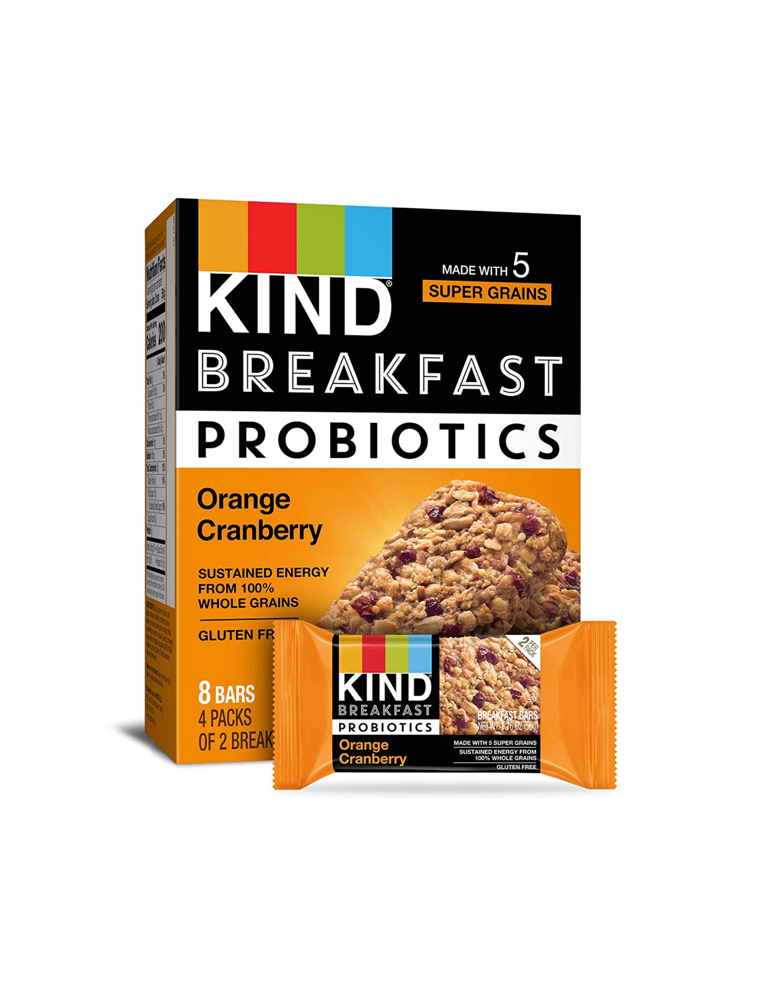 KIND Breakfast Probiotic Bars, Orange Cranberry, Whole Grains, Gluten Free, 1.76 oz, 32 Ct
