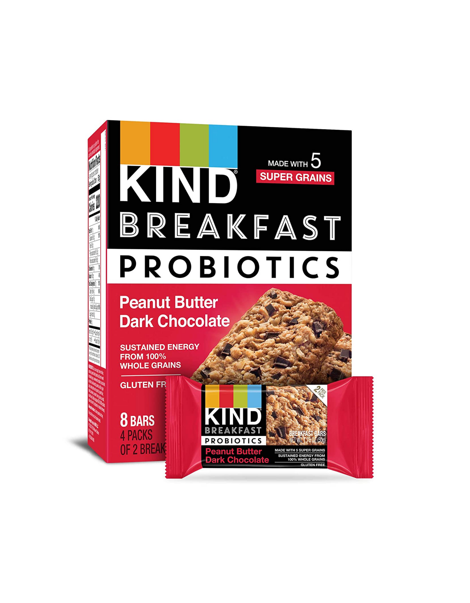 KIND Breakfast Probiotic Bars, Peanut Butter Dark Chocolate, Whole Grains, Gluten Free, 1.76 oz, 32 Ct