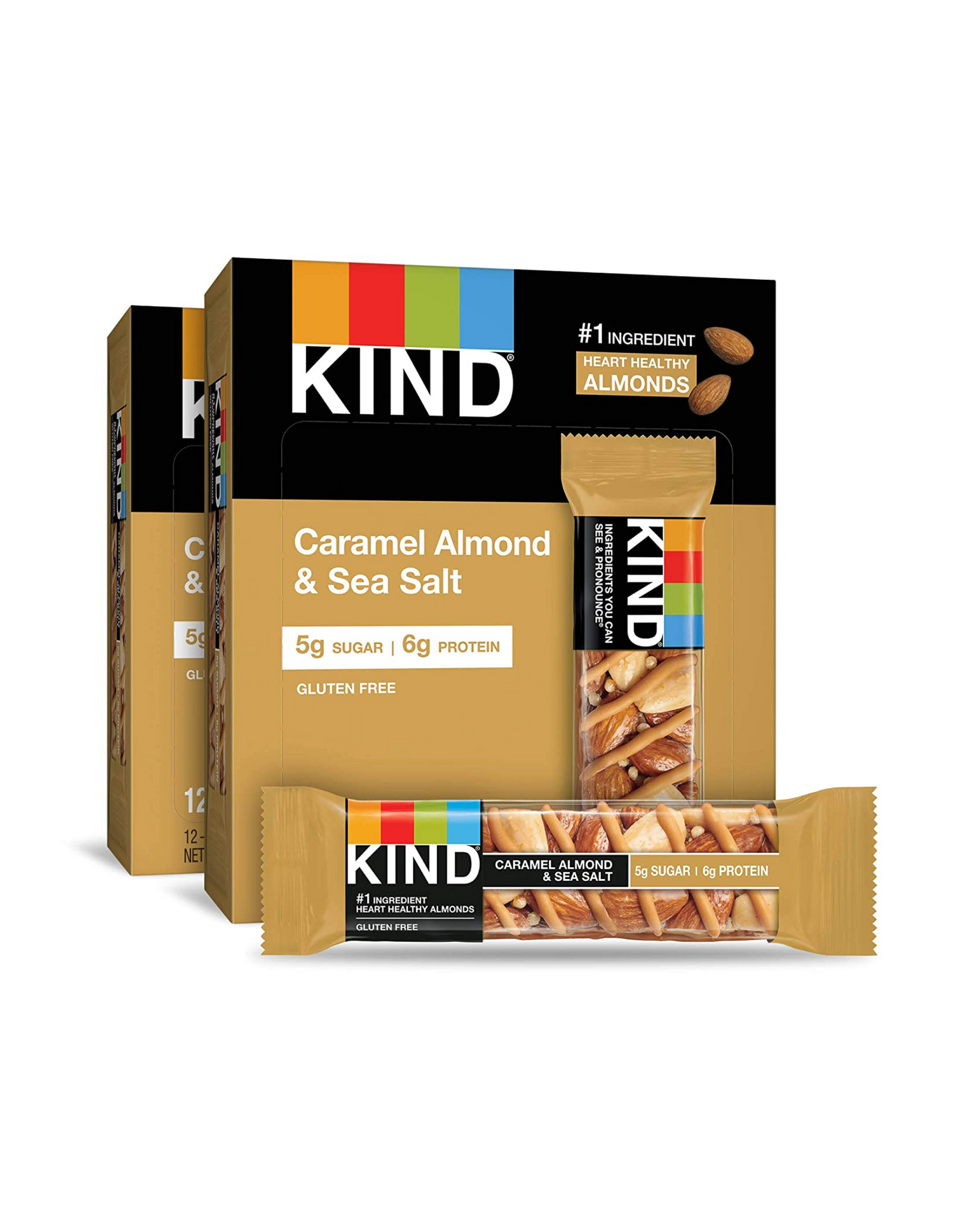 KIND Nut Bars, Caramel Almond and Sea Salt, 5g Sugar, 6g Protein, Gluten Free, 1.4 oz, 24 Ct