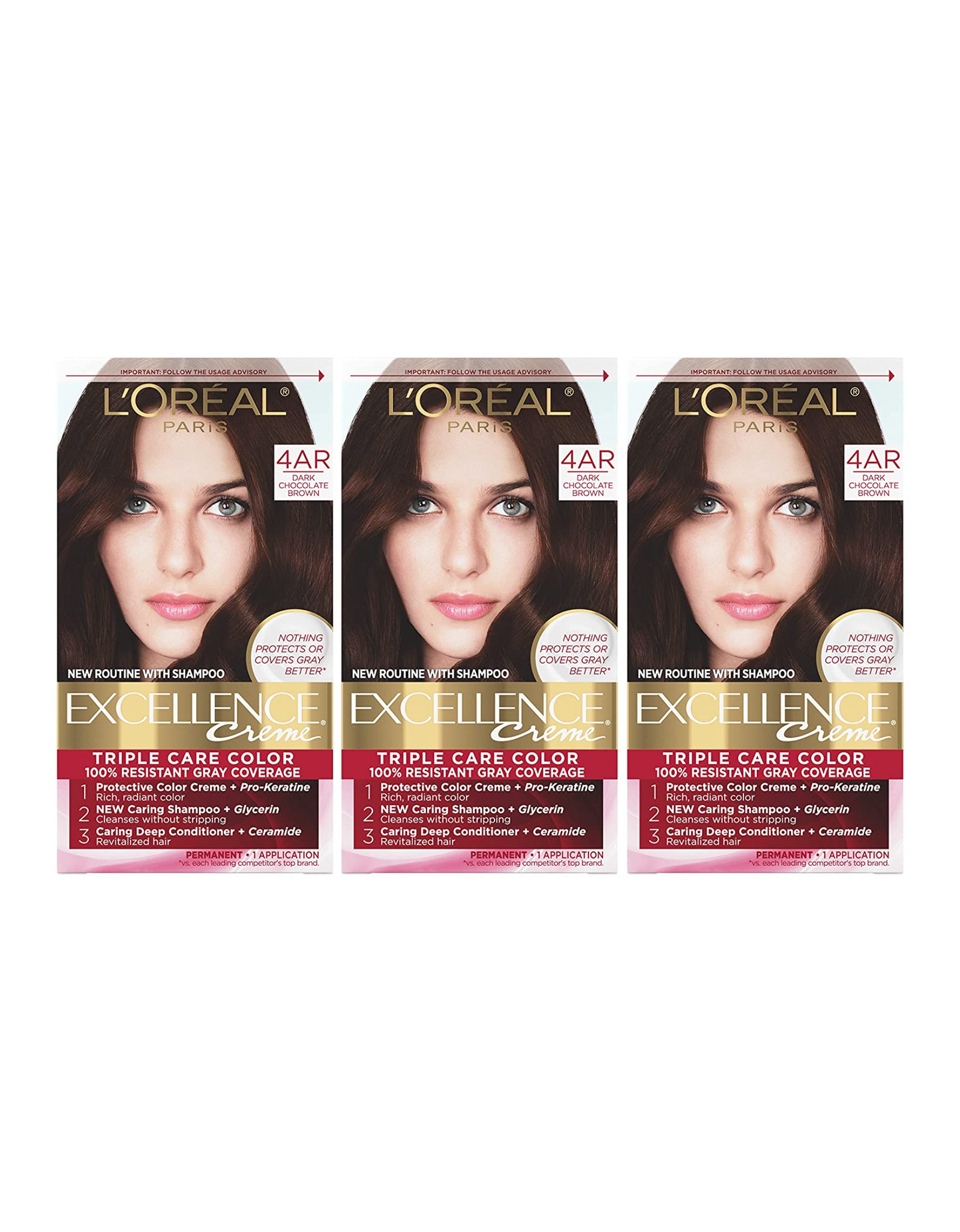 L'Oreal Paris Excellence Creme Permanent Hair Color, 4AR Dark Chocolate Brown, Pack of 3