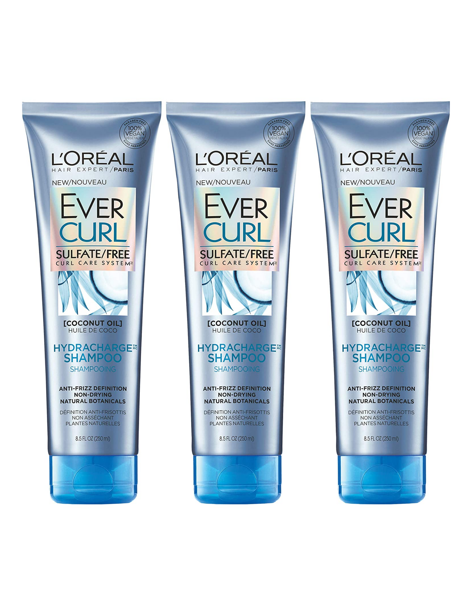 L'Oreal Paris Hair Care Evercurl Hydracharge Shampoo Sulfate Free, with Coconut Oil, 8.5 fl oz each (Pack of 3)