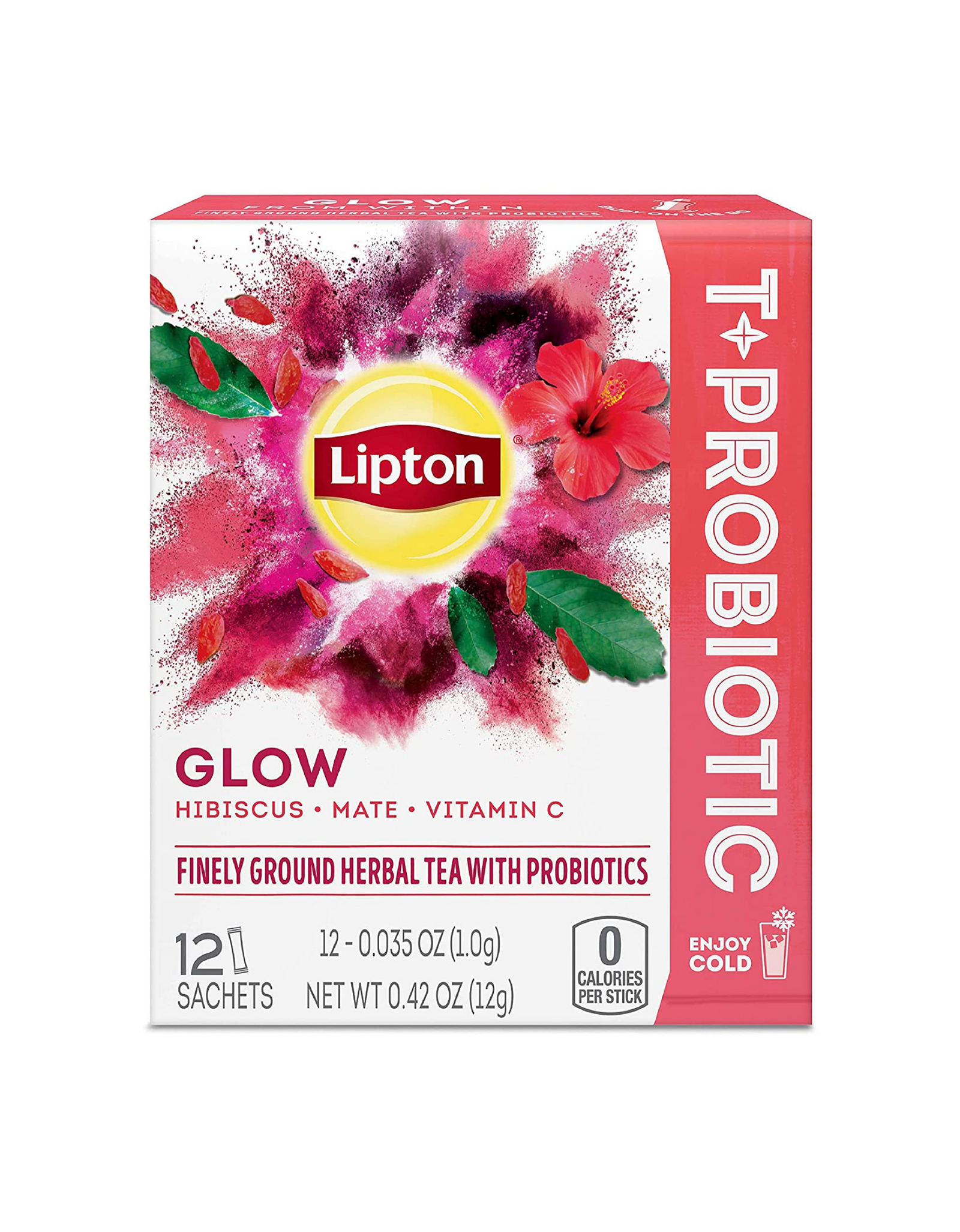 Lipton Tea Sachets For A Refreshing Drink T+Probiotic, Glow Tea Powdered with Hibiscus Mate + Vitamin C, 0.42 oz, 12 Ct