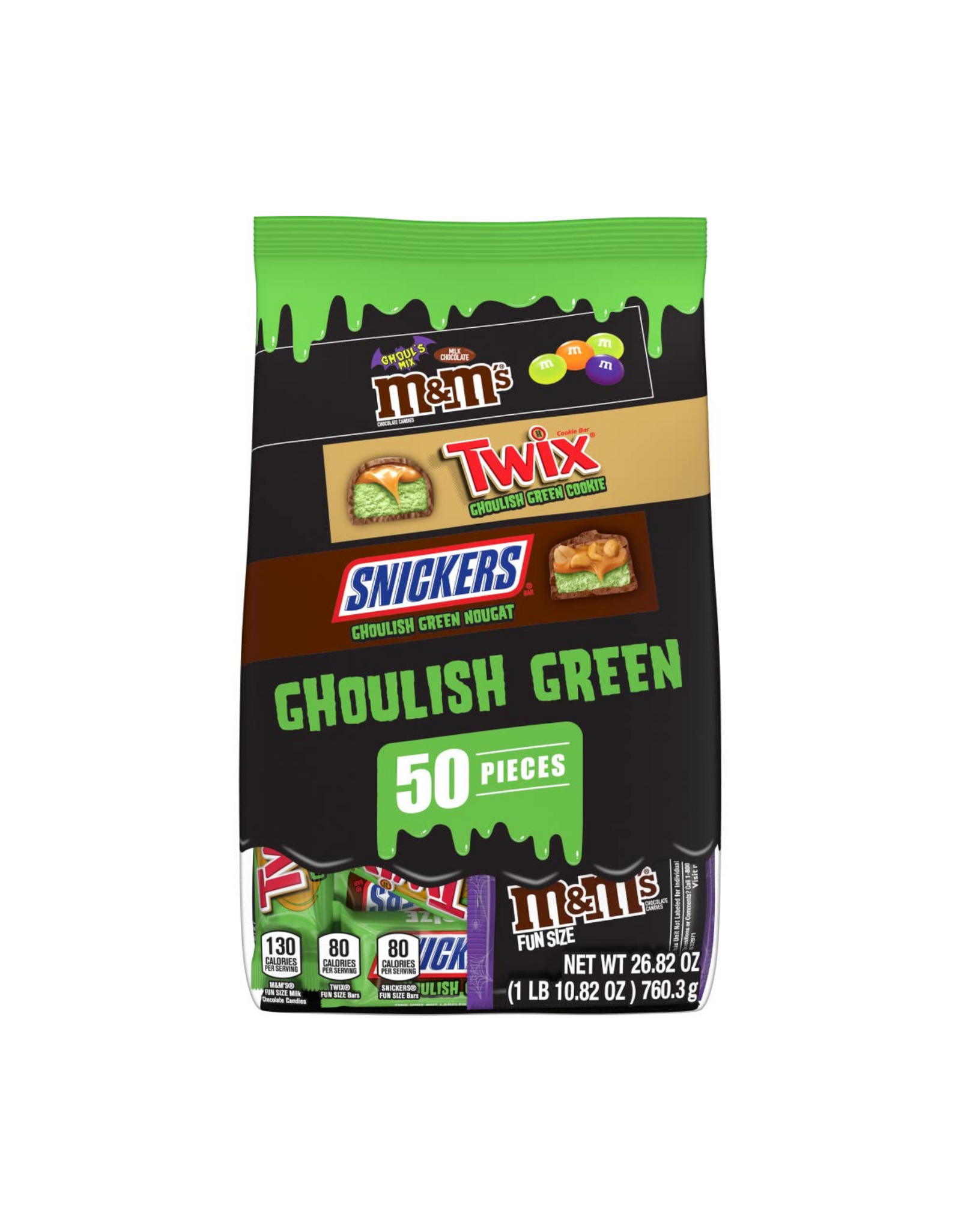 Mars Chocolate M&M's, Snickers & Twix, Ghoulish Green Chocolate Candy Variety Pack, 26.82 oz, 50 Ct