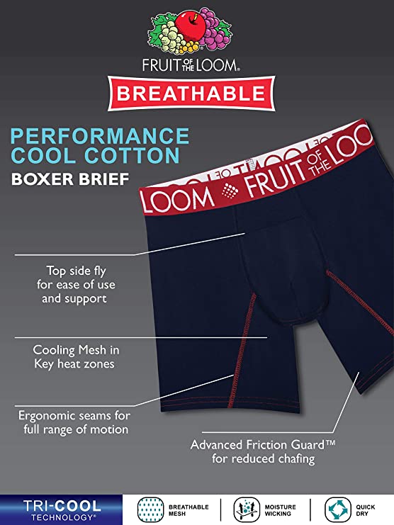Fruit of the Loom Men's Breathable Boxer Briefs Performance Cooling, Regular Leg