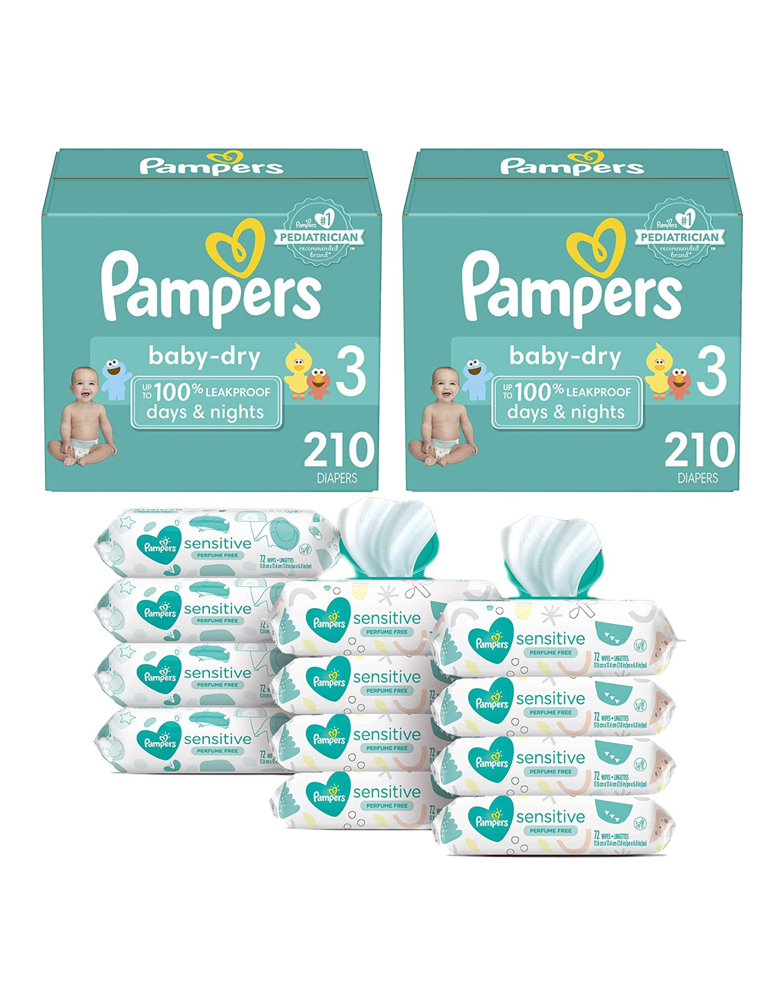 Pampers Baby Dry Disposable Baby Diapers Size 3, 210 Count (Pack of 2) & Sensitive Water Based Baby Wipes,  8 Pop-Top Packs + 4 Refills (12 Packs)