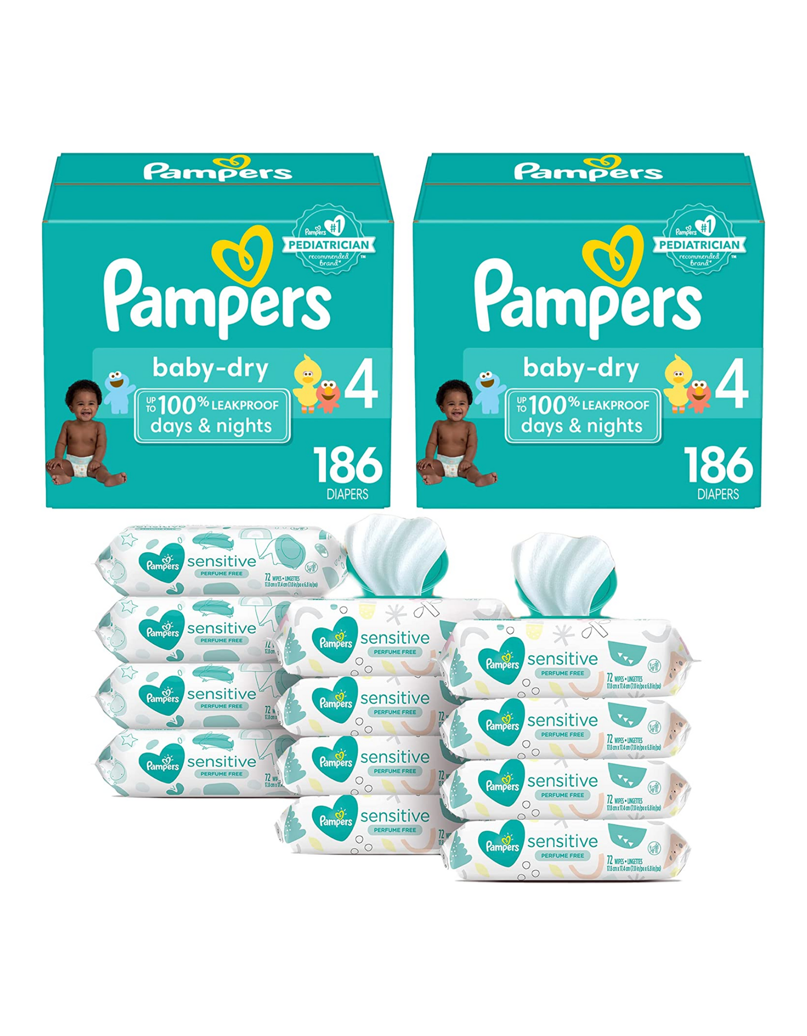 Pampers Baby Dry Disposable Baby Diapers Size 4, 186 Ct (2 Pack) with Sensitive Water Based Baby Wipes, 8 Pop-Top Packs + 4 Refills, 864 total wipes (12 Packs)