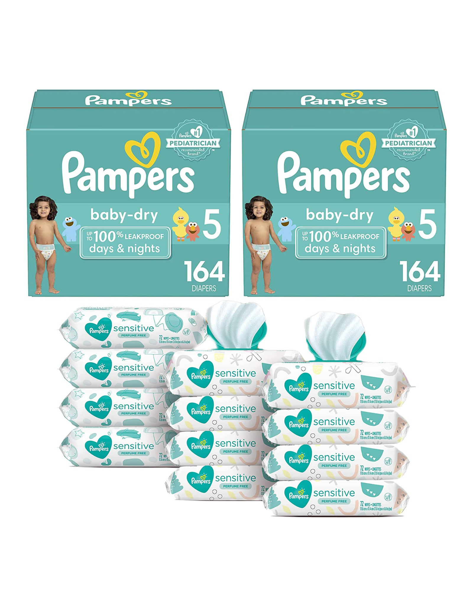 Pampers Baby Dry Disposable Baby Diapers Size 5, 164 Ct (2 Pack) with Sensitive Water Based Baby Wipes, 18 Pop-Top Packs + 4 Refills, 864 total wipes (12 Packs)