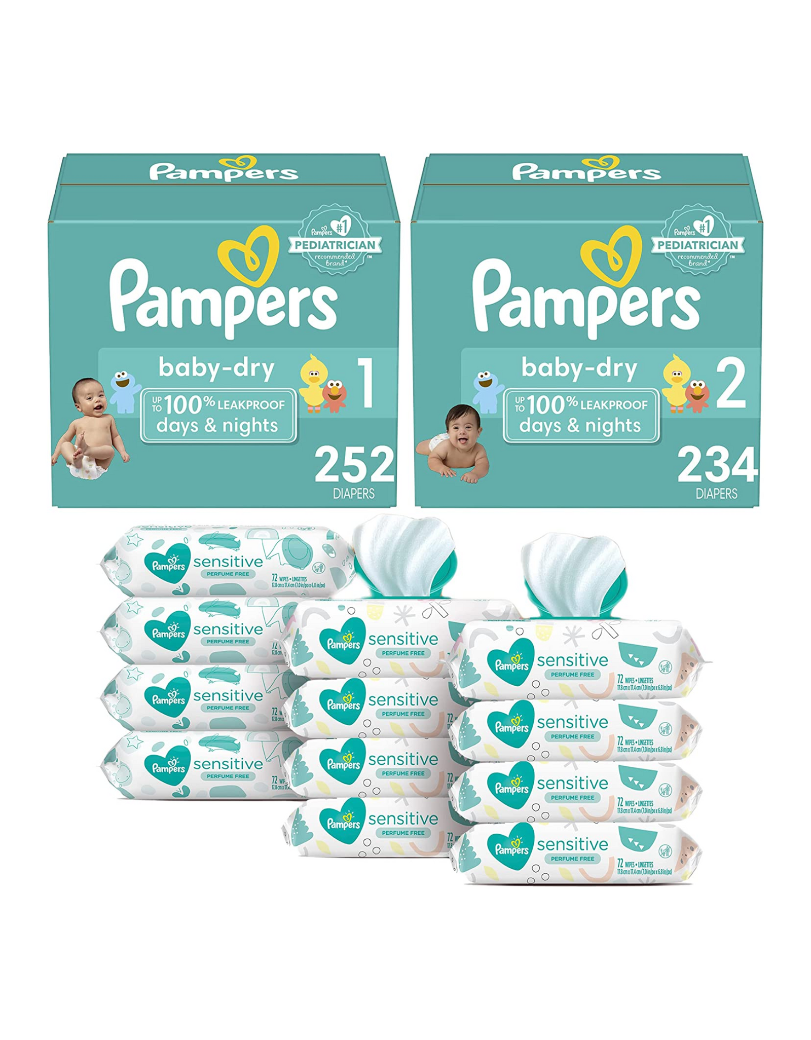 Pampers Baby Dry Disposable Baby Diapers, Sizes 1, 252 Ct & Size 2, 234 Ct with Sensitive Water Based Baby Wipes, 8 Pop-Top Packs + 4 Refills, 864 total wipes (12 Packs)