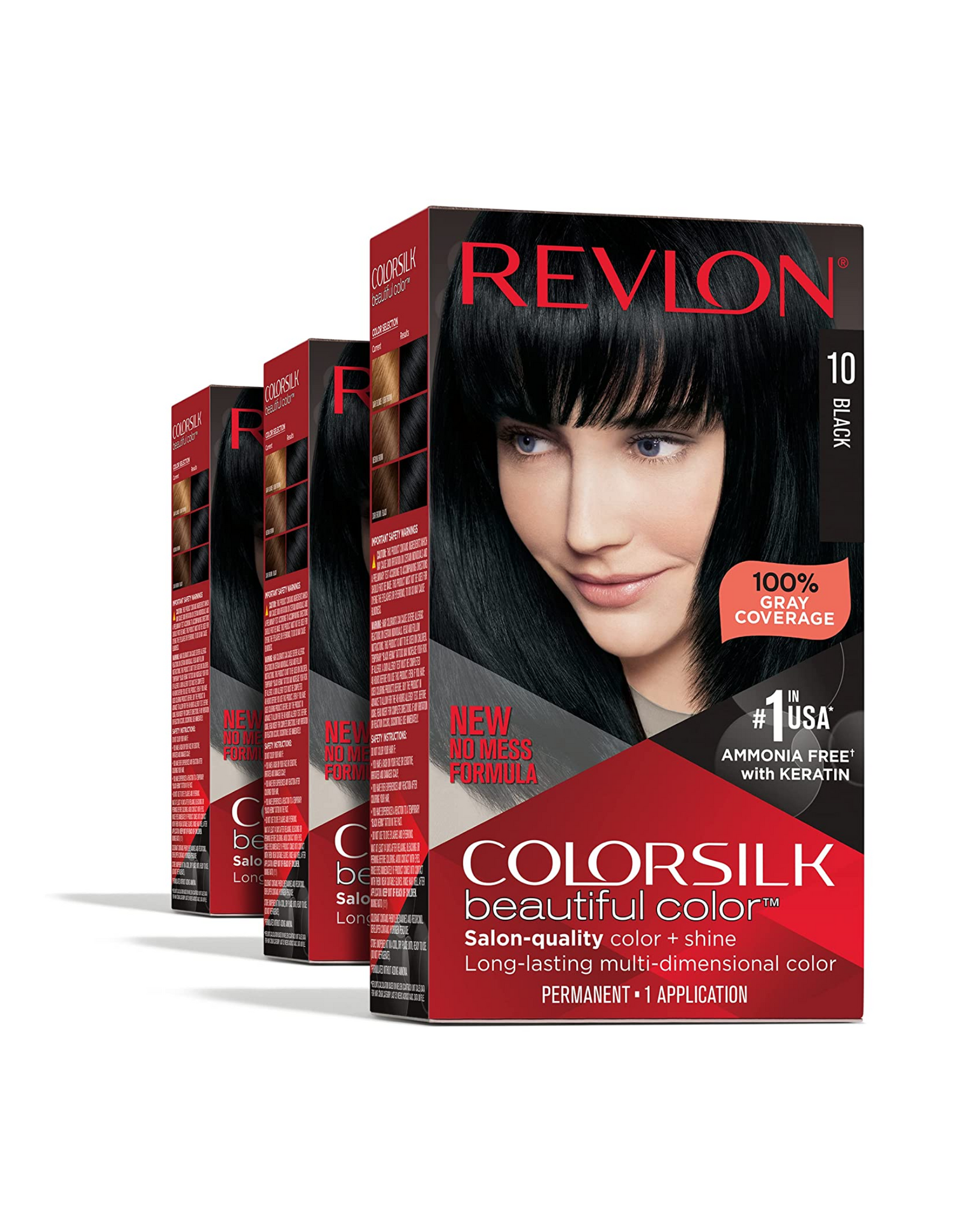 Permanent Hair Color by Revlon, Permanent Hair Dye, 100% Gray Coverage, 10 Black, 4.4 Oz (Pack of 3)
