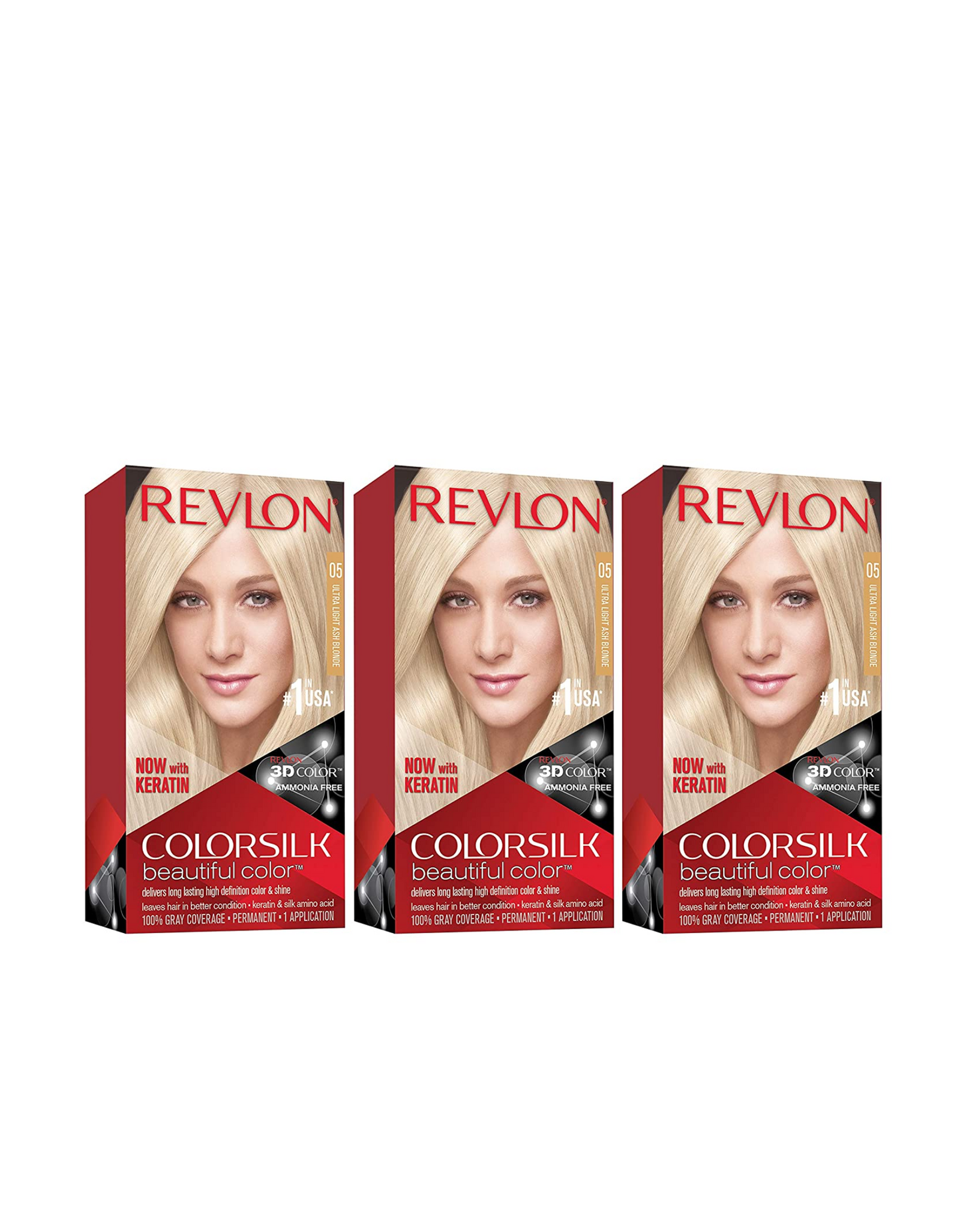 Permanent Hair Color by Revlon, Permanent Hair Dye, 100% Gray Coverage, Ammonia-Free, 05 Ultra Light Ash Blonde, 4.4 Oz (Pack of 3)