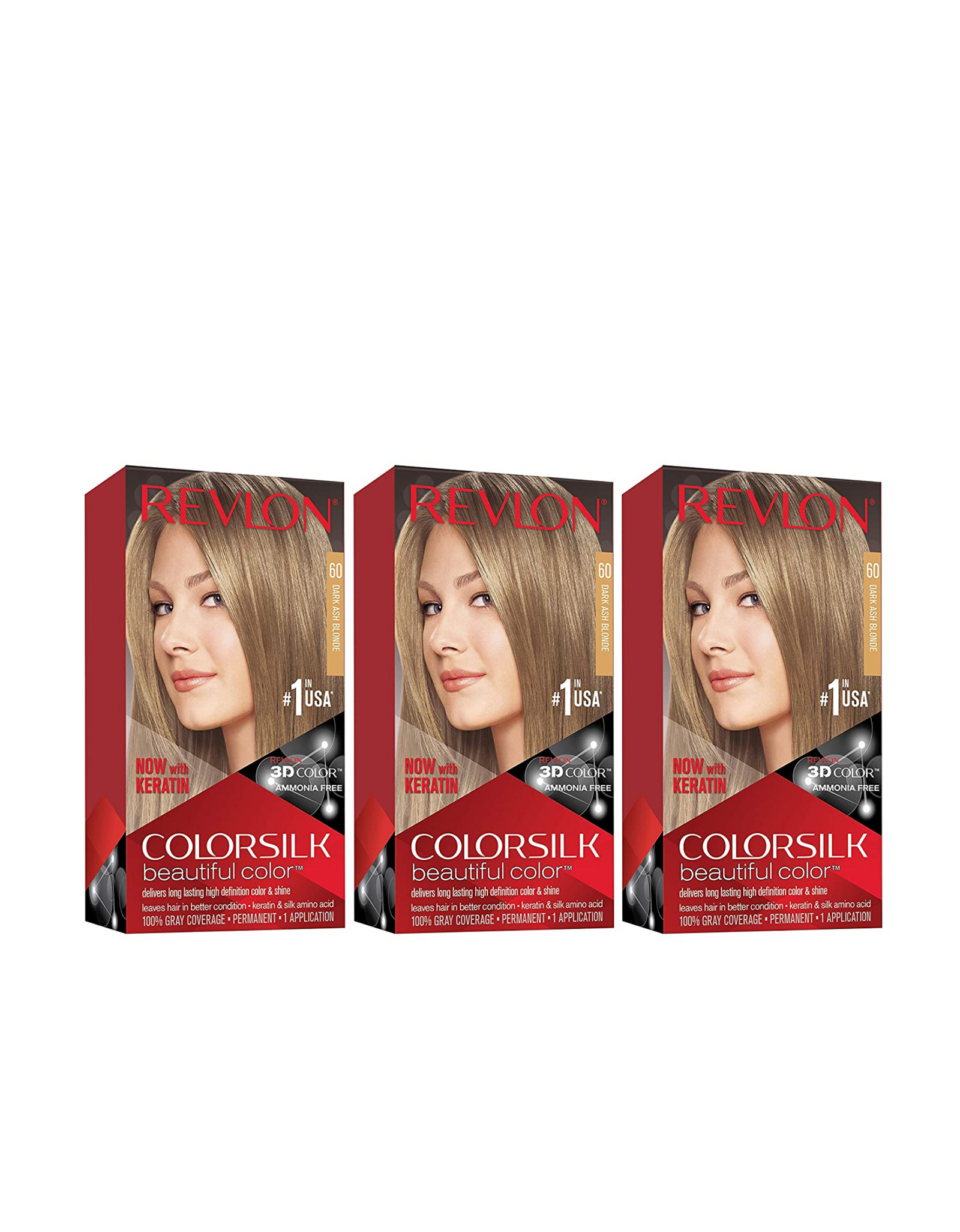 Permanent Hair Color by Revlon, Permanent Hair Dye, 100% Gray Coverage, Ammonia-Free, 60 Dark Ash Blonde, 4.4 Oz (Pack of 3)