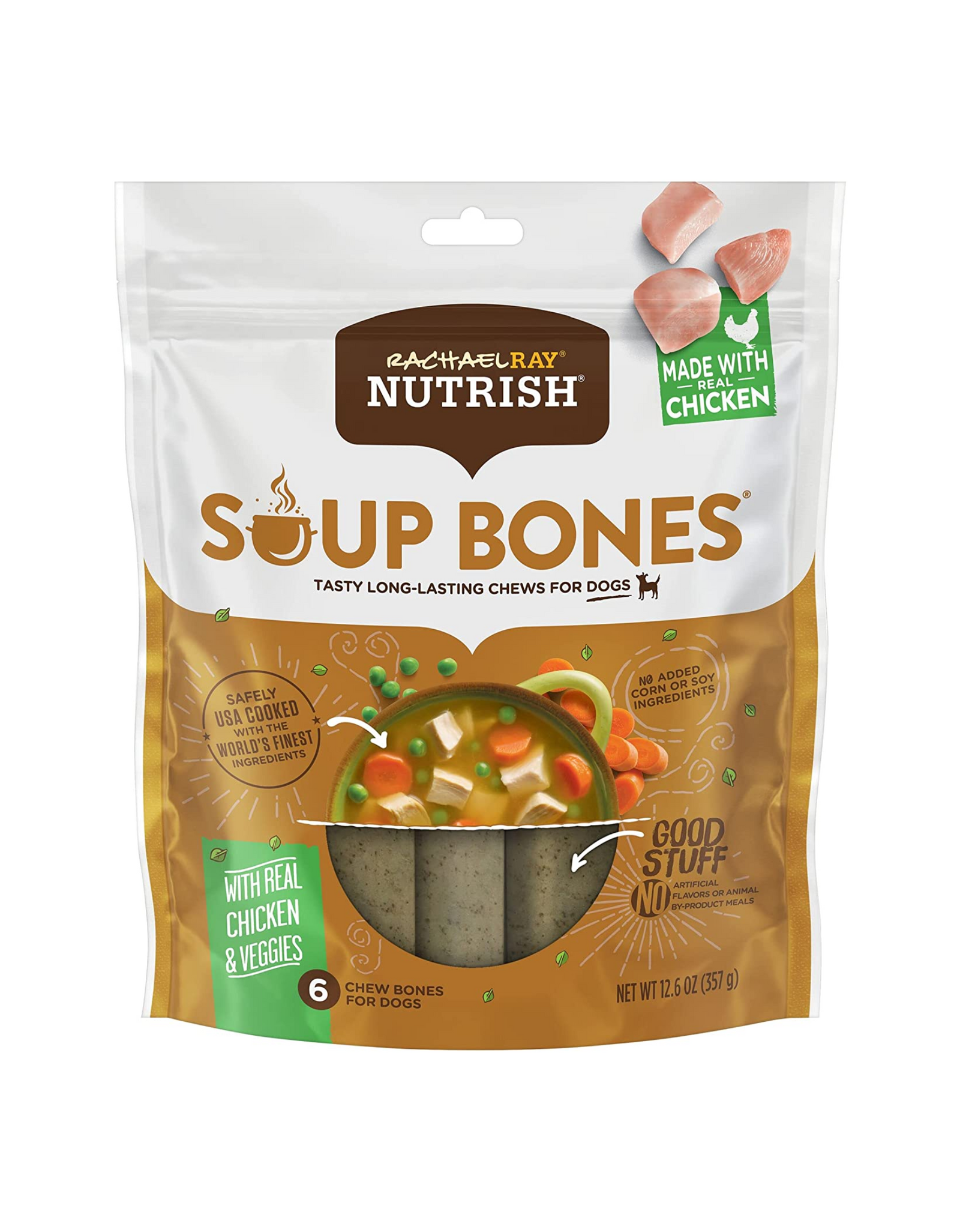 Rachael Ray Nutrish Soup Bones Dog Treats, Chicken & Veggies Flavor, 6 Bones for Dogs, Regular, 12.6 Oz