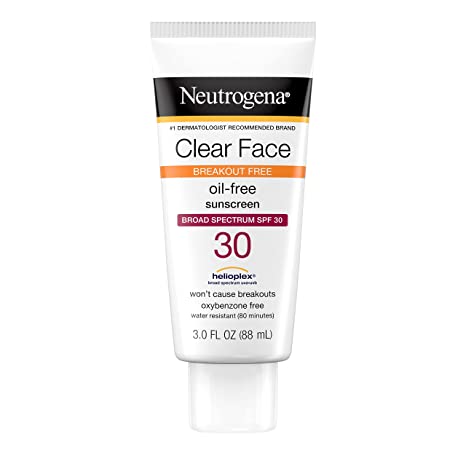 Neutrogena Clear Face Liquid Lotion Sunscreen for Acne-Prone Skin, Broad Spectrum SPF 55, 50, or 30 with Helioplex Technology, 3 Fl Ounce
